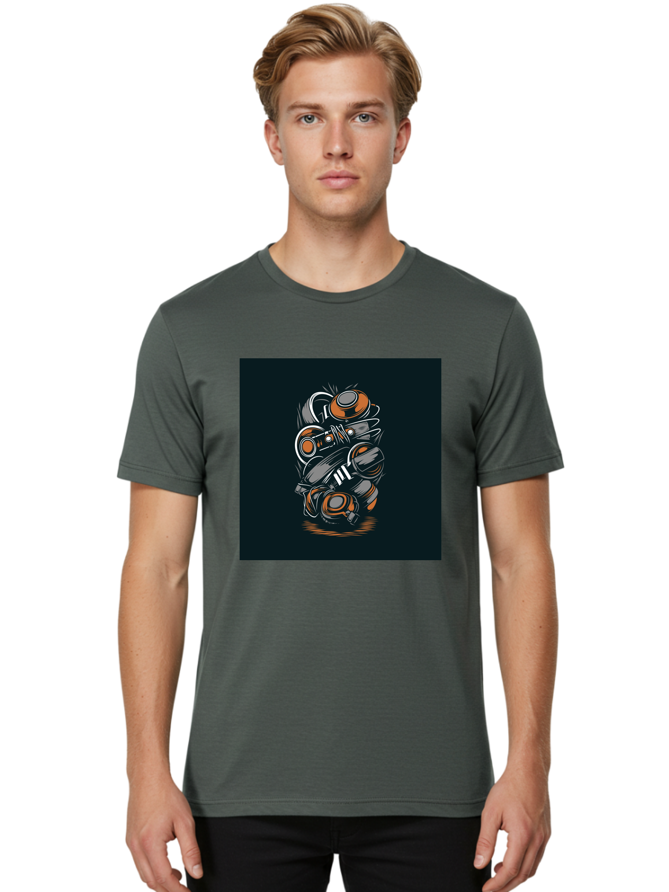 Gas-Mask-Illustration Men'S Graphic Tee, 100% Cotton, Comfortable Casual Summer Wear, Machine Washable, Gas Mask Illustration, Safety Gear, Protective Equipment, Orange And Gray Design, Abstract Art, Modern Graphic, Industrial Style, Aab468