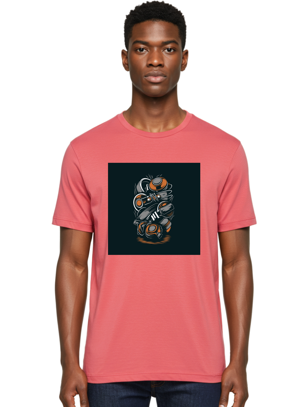 Gas-Mask-Illustration Men'S Graphic Tee, 100% Cotton, Comfortable Casual Summer Wear, Machine Washable, Gas Mask Illustration, Safety Gear, Protective Equipment, Orange And Gray Design, Abstract Art, Modern Graphic, Industrial Style, Aab468