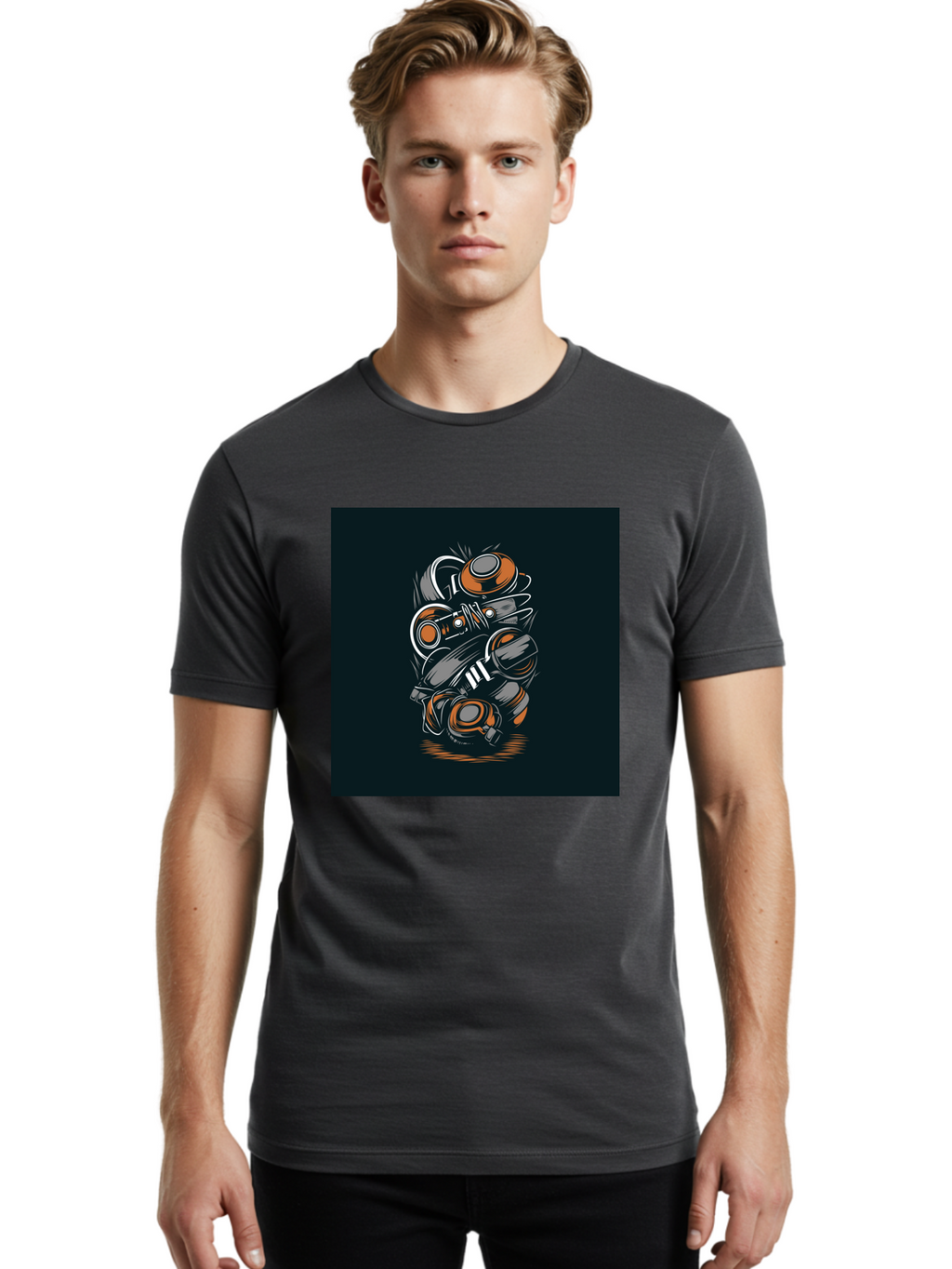 Gas-Mask-Illustration Men'S Graphic Tee, 100% Cotton, Comfortable Casual Summer Wear, Machine Washable, Gas Mask Illustration, Safety Gear, Protective Equipment, Orange And Gray Design, Abstract Art, Modern Graphic, Industrial Style, Aab468