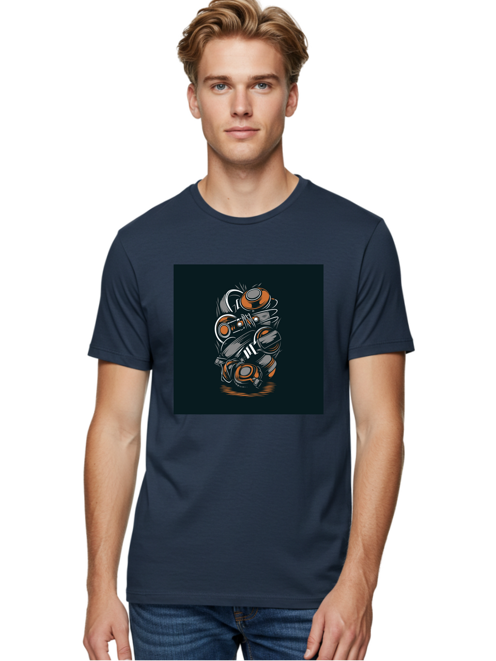 Gas-Mask-Illustration Men'S Graphic Tee, 100% Cotton, Comfortable Casual Summer Wear, Machine Washable, Gas Mask Illustration, Safety Gear, Protective Equipment, Orange And Gray Design, Abstract Art, Modern Graphic, Industrial Style, Aab468