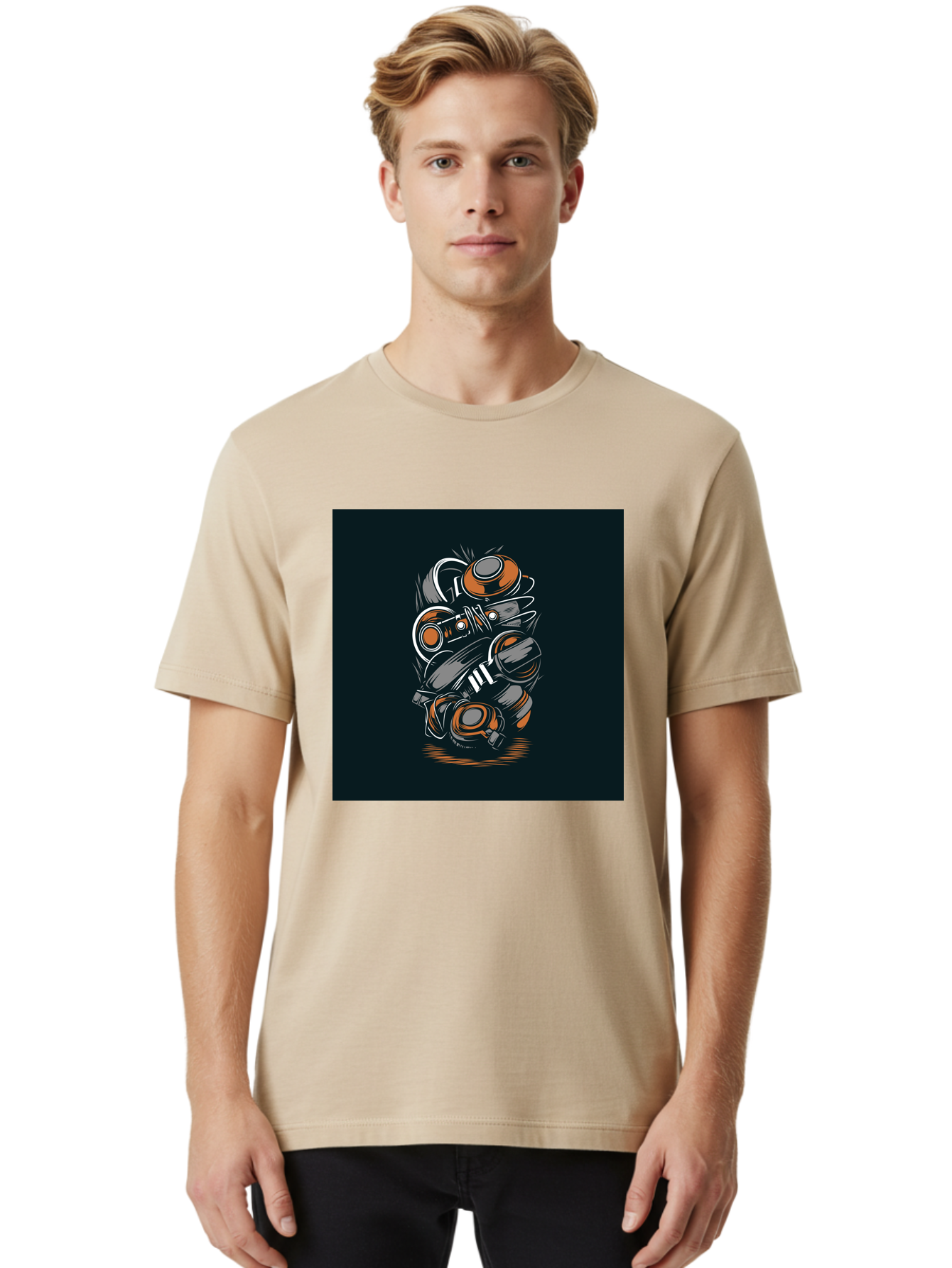 Gas-Mask-Illustration Men'S Graphic Tee, 100% Cotton, Comfortable Casual Summer Wear, Machine Washable, Gas Mask Illustration, Safety Gear, Protective Equipment, Orange And Gray Design, Abstract Art, Modern Graphic, Industrial Style, Aab468