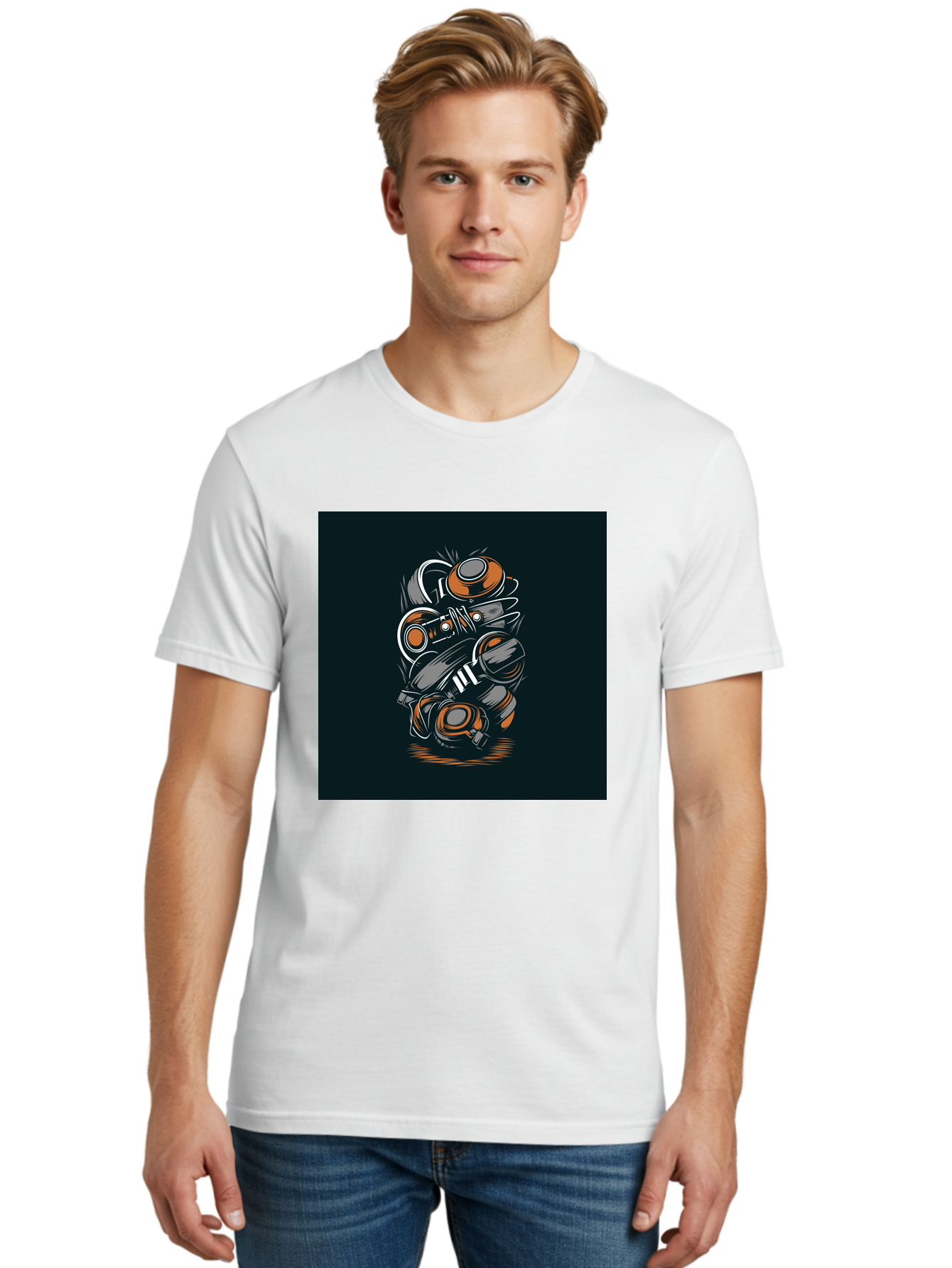 Gas-Mask-Illustration Men'S Graphic Tee, 100% Cotton, Comfortable Casual Summer Wear, Machine Washable, Gas Mask Illustration, Safety Gear, Protective Equipment, Orange And Gray Design, Abstract Art, Modern Graphic, Industrial Style, Aab468