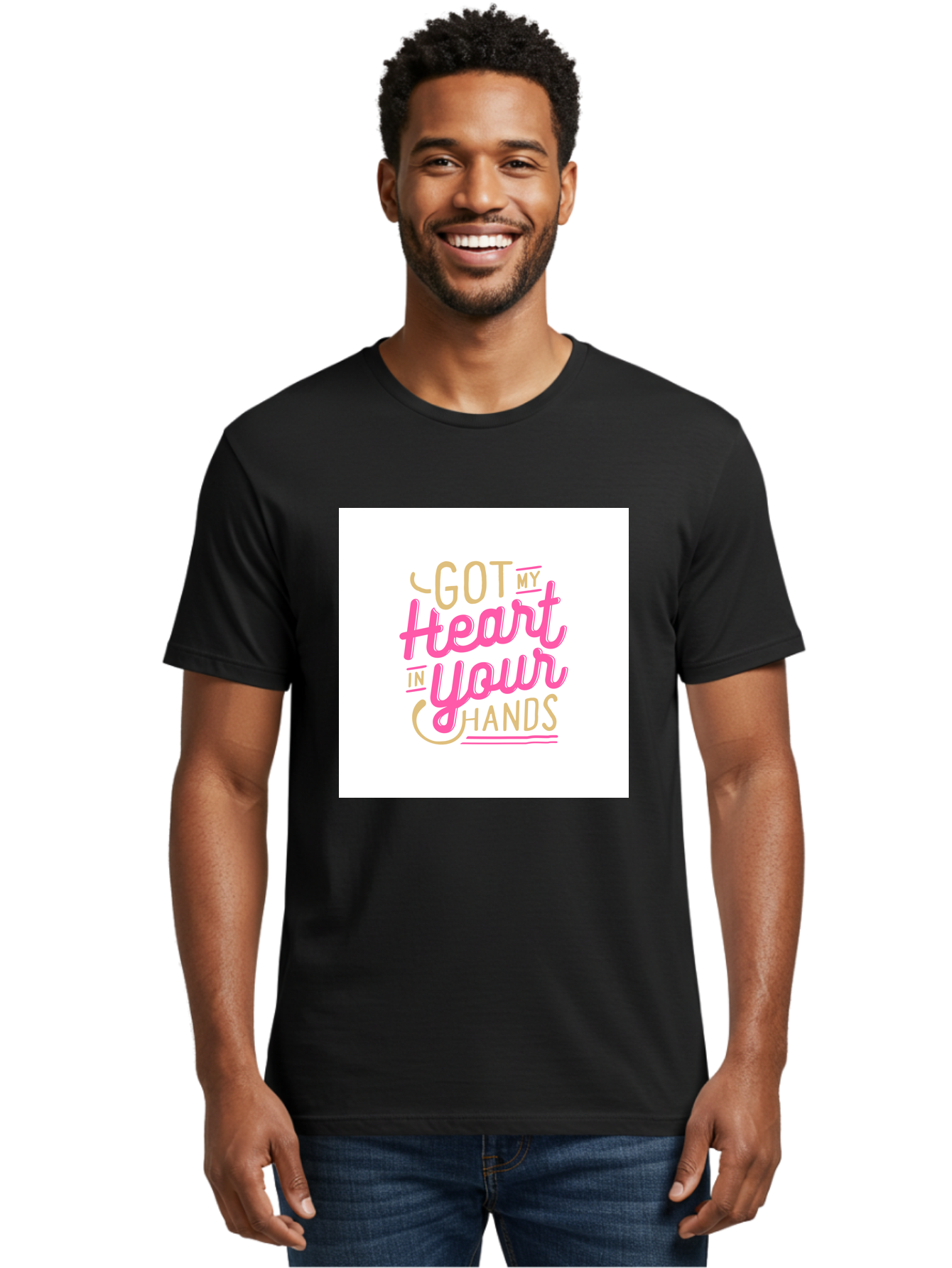 Got-My-Heart-In-Your-Hands Men'S Graphic Tee, 100% Cotton, Comfortable Casual Summer Wear, Machine Washable, Love Quote, Typography Art, Heartwarming Phrase, Gold And Pink Lettering, Inspirational Words, Romantic Gesture, Sweet Sentiment, Aab469