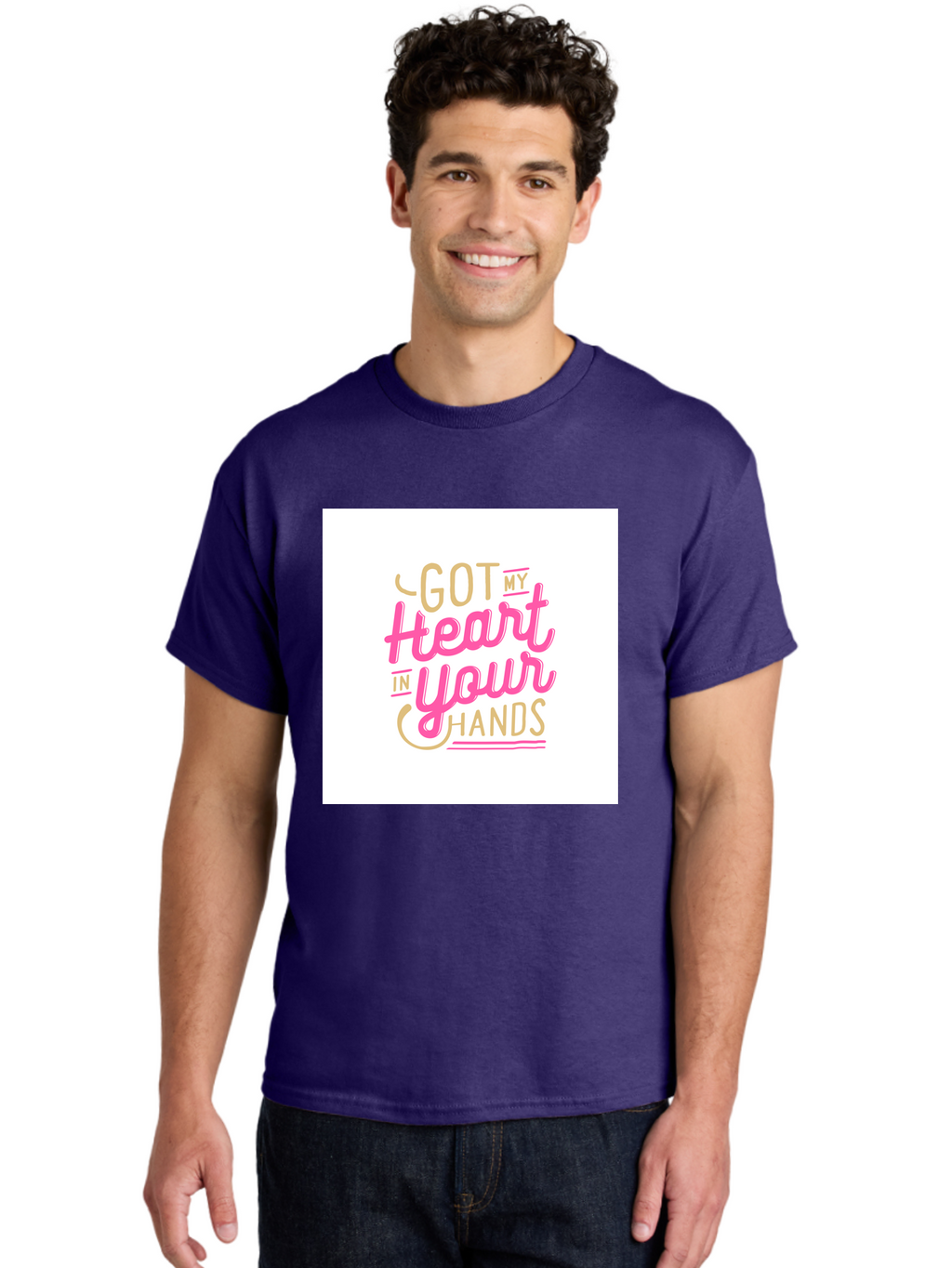 Got-My-Heart-In-Your-Hands Men'S Graphic Tee, 100% Cotton, Comfortable Casual Summer Wear, Machine Washable, Love Quote, Typography Art, Heartwarming Phrase, Gold And Pink Lettering, Inspirational Words, Romantic Gesture, Sweet Sentiment, Aab469