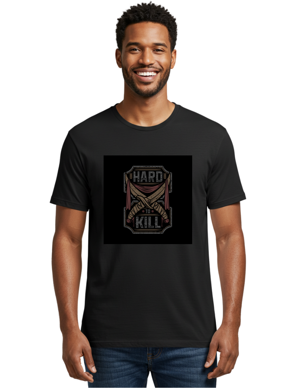 Hard-To-Kill Men'S Graphic Tee, 100% Cotton, Comfortable Casual Summer Wear, Machine Washable, Vintage Typography, Distressed Design, Crossed Swords, Red Fabric, Bold Graphics, Motivational Quote, Warrior Symbol, Edgy Style, Strong Message, Aab470