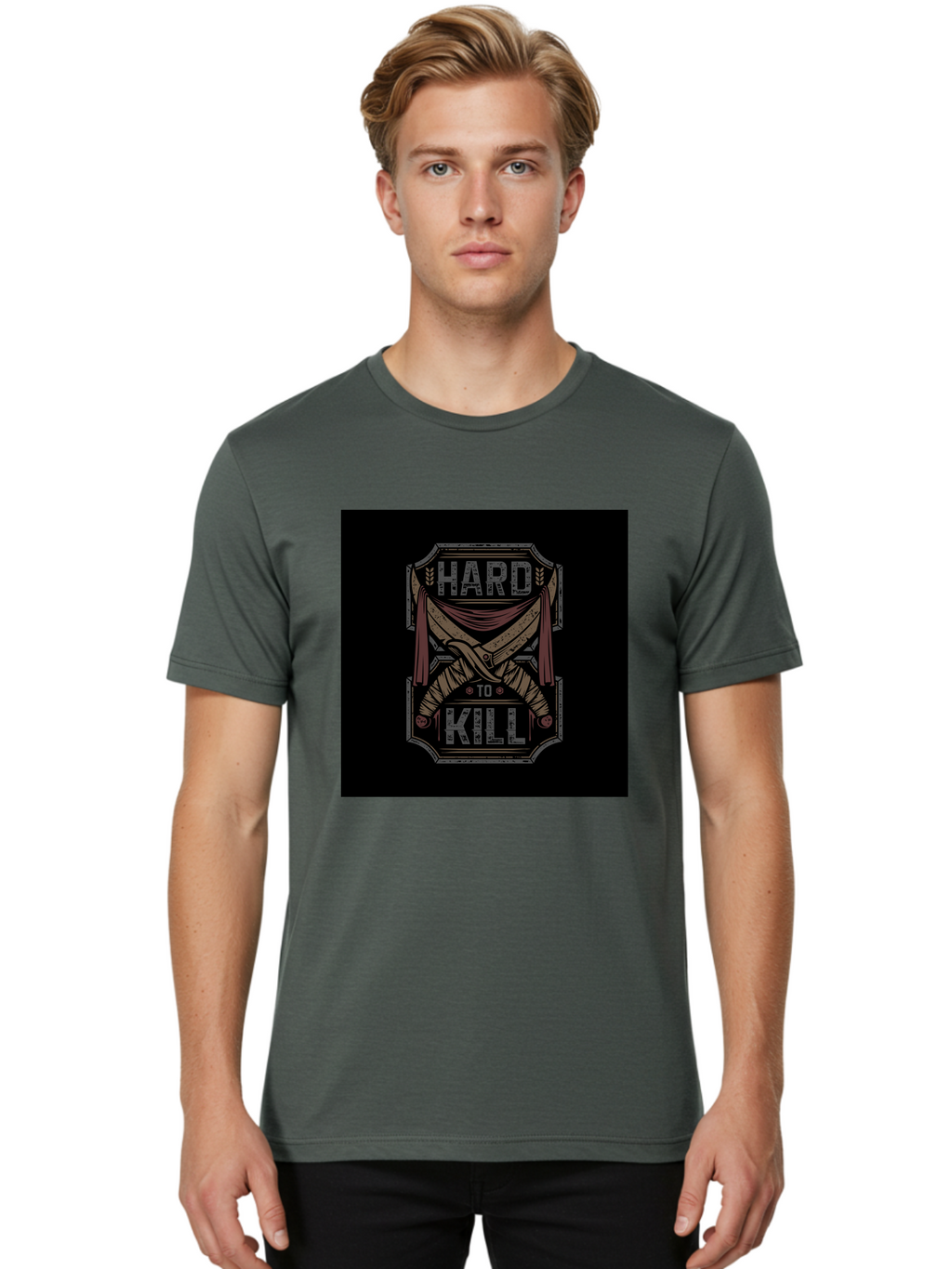 Hard-To-Kill Men'S Graphic Tee, 100% Cotton, Comfortable Casual Summer Wear, Machine Washable, Vintage Typography, Distressed Design, Crossed Swords, Red Fabric, Bold Graphics, Motivational Quote, Warrior Symbol, Edgy Style, Strong Message, Aab470