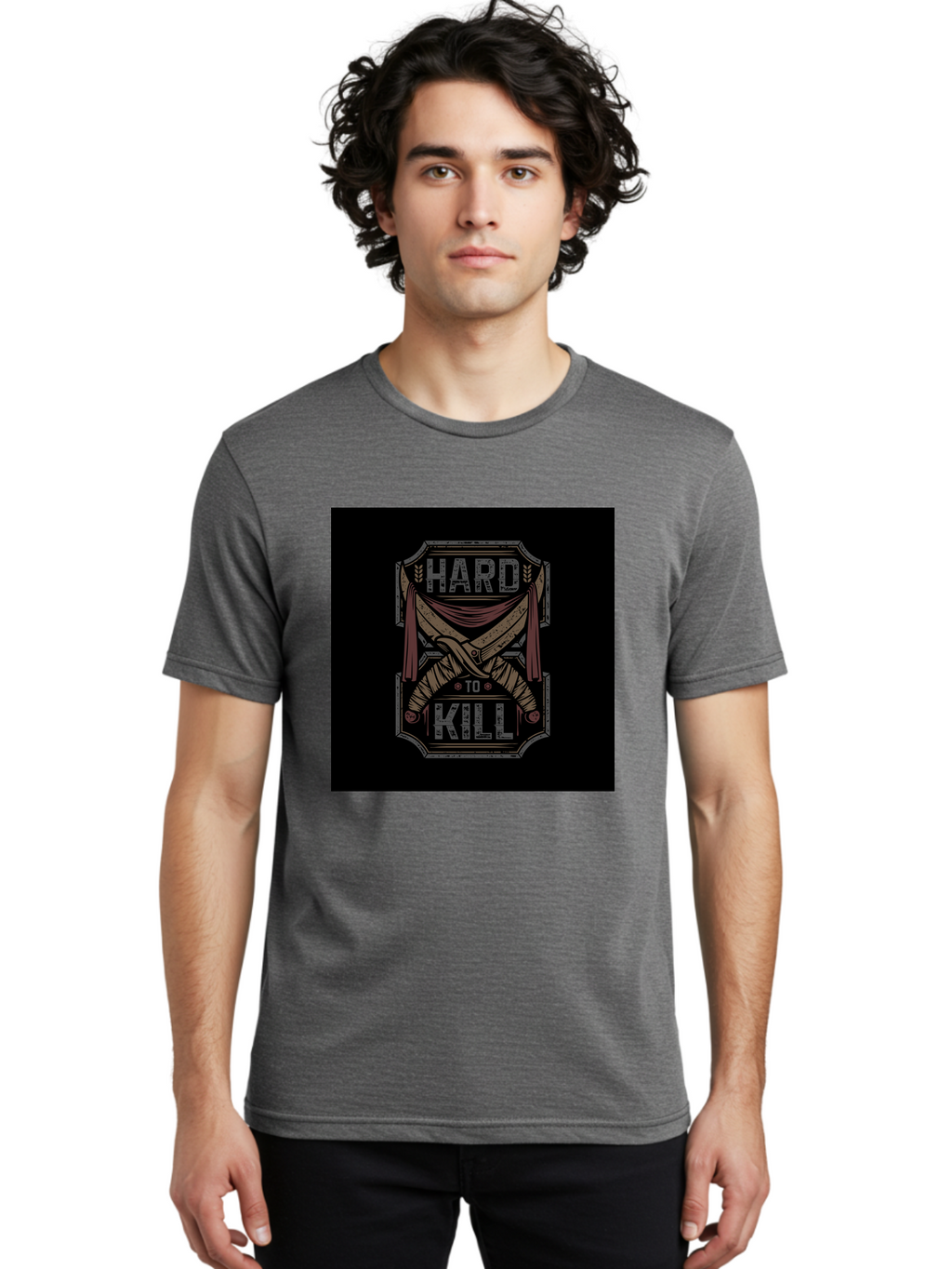 Hard-To-Kill Men'S Graphic Tee, 100% Cotton, Comfortable Casual Summer Wear, Machine Washable, Vintage Typography, Distressed Design, Crossed Swords, Red Fabric, Bold Graphics, Motivational Quote, Warrior Symbol, Edgy Style, Strong Message, Aab470
