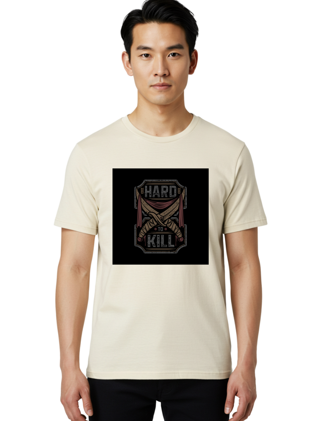 Hard-To-Kill Men'S Graphic Tee, 100% Cotton, Comfortable Casual Summer Wear, Machine Washable, Vintage Typography, Distressed Design, Crossed Swords, Red Fabric, Bold Graphics, Motivational Quote, Warrior Symbol, Edgy Style, Strong Message, Aab470
