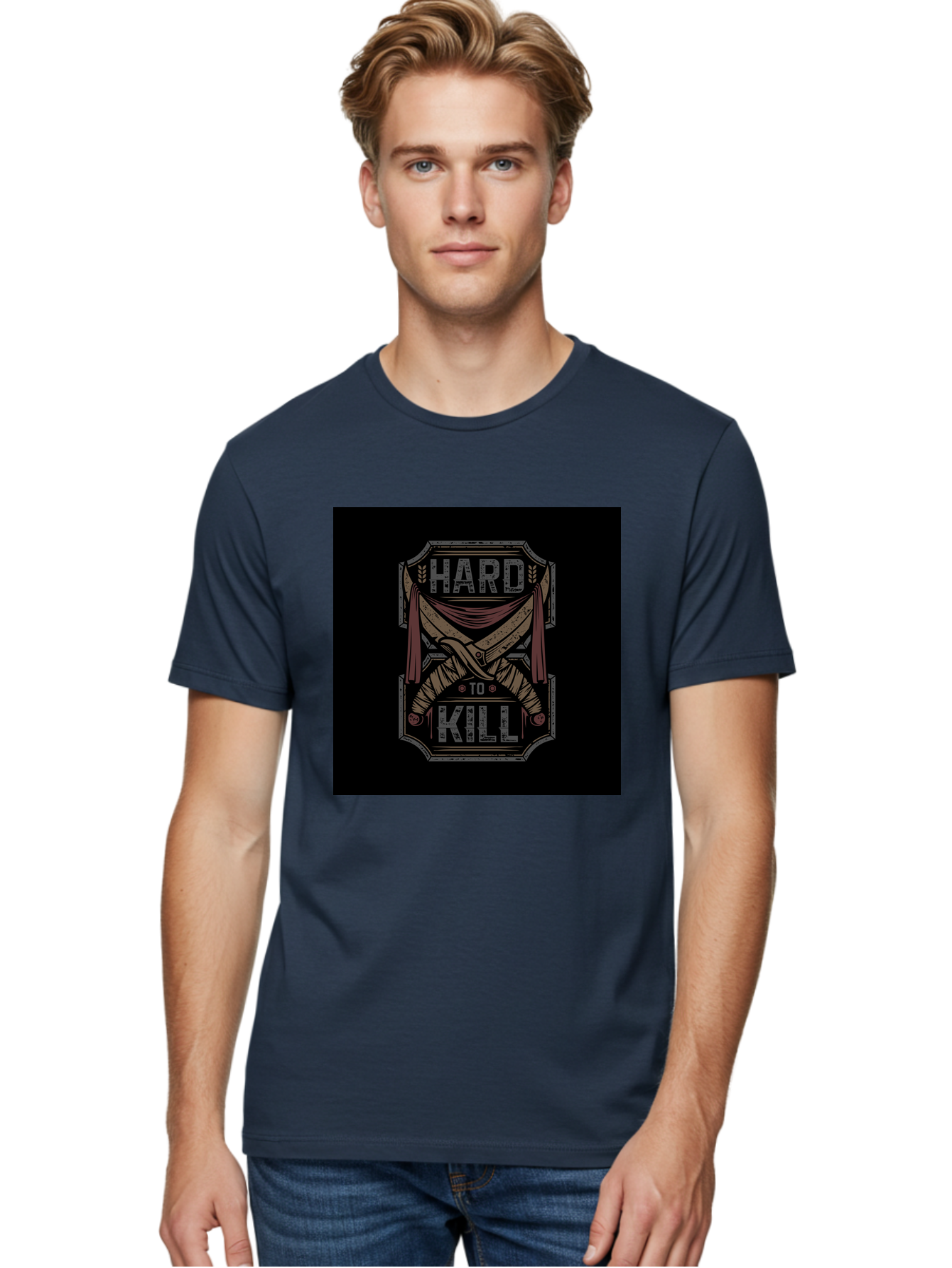 Hard-To-Kill Men'S Graphic Tee, 100% Cotton, Comfortable Casual Summer Wear, Machine Washable, Vintage Typography, Distressed Design, Crossed Swords, Red Fabric, Bold Graphics, Motivational Quote, Warrior Symbol, Edgy Style, Strong Message, Aab470