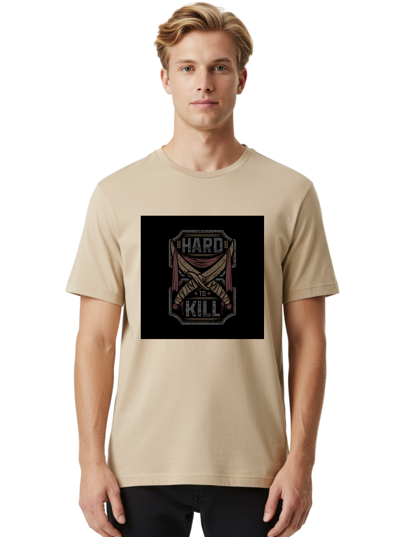 Hard-To-Kill Men'S Graphic Tee, 100% Cotton, Comfortable Casual Summer Wear, Machine Washable, Vintage Typography, Distressed Design, Crossed Swords, Red Fabric, Bold Graphics, Motivational Quote, Warrior Symbol, Edgy Style, Strong Message, Aab470