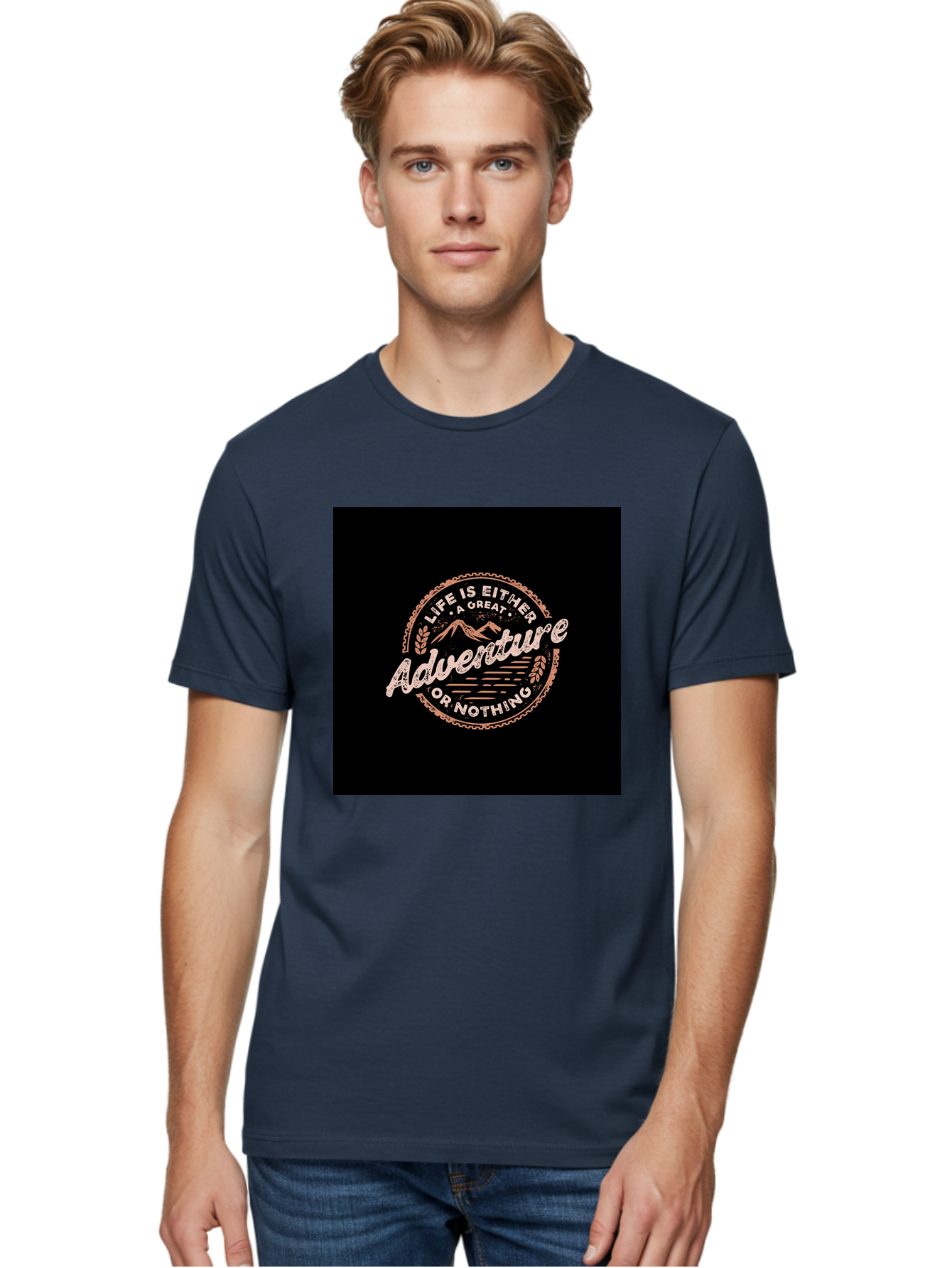 Life-Is-Either-Adventure-Or-Nothing Men'S Graphic Tee, 100% Cotton, Comfortable Casual Summer Wear, Machine Washable, Motivational Quote, Adventure Seeking, Inspiring Words, Travel Inspiration, Outdoor Enthusiasm, Wanderlust, Exploration, Aab473