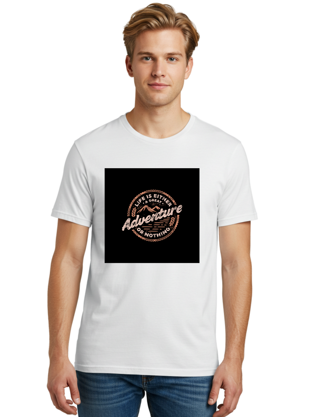 Life-Is-Either-Adventure-Or-Nothing Men'S Graphic Tee, 100% Cotton, Comfortable Casual Summer Wear, Machine Washable, Motivational Quote, Adventure Seeking, Inspiring Words, Travel Inspiration, Outdoor Enthusiasm, Wanderlust, Exploration, Aab473