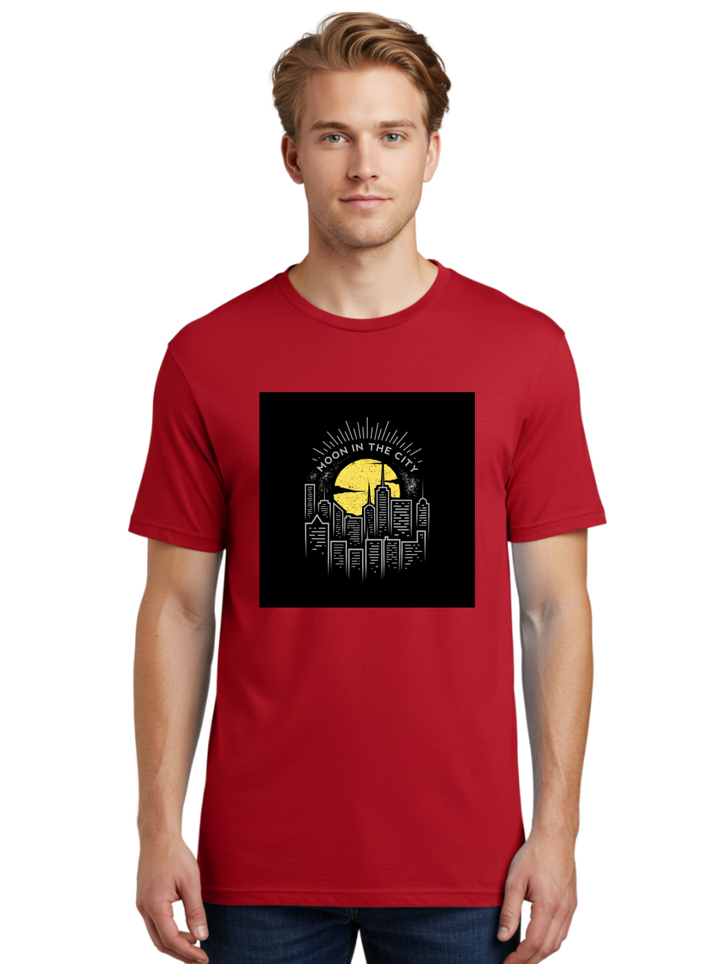 Moon-In-The-City Men'S Graphic Tee, 100% Cotton, Comfortable Casual Summer Wear, Machine Washable, City Skyline, Urban Landscape, Full Moon, Night Scene, Modern Architecture, Skyscrapers, Moonlit, City Life, Urban Ambiance, Nighttime Cityscape Aab474
