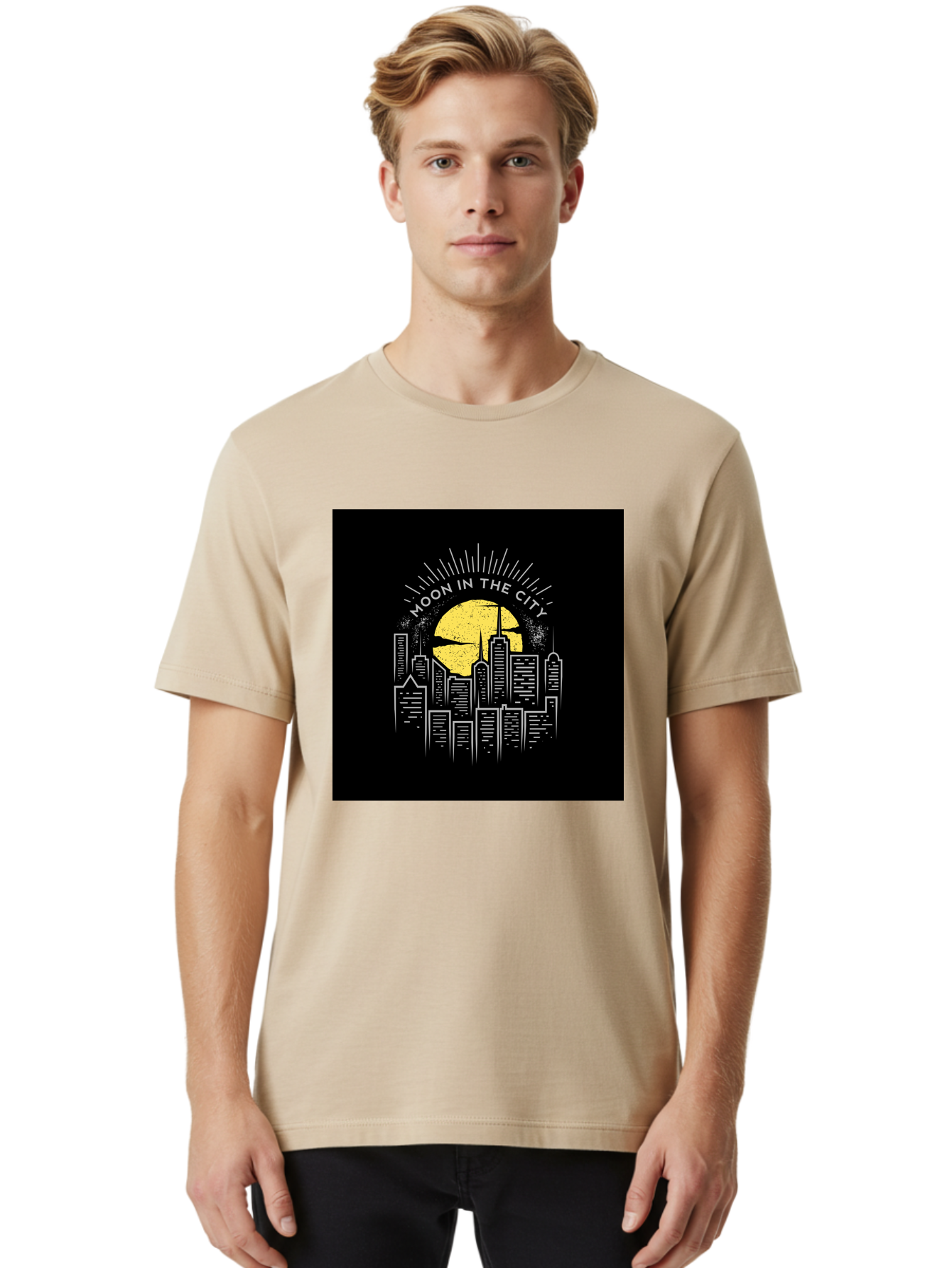 Moon-In-The-City Men'S Graphic Tee, 100% Cotton, Comfortable Casual Summer Wear, Machine Washable, City Skyline, Urban Landscape, Full Moon, Night Scene, Modern Architecture, Skyscrapers, Moonlit, City Life, Urban Ambiance, Nighttime Cityscape Aab474