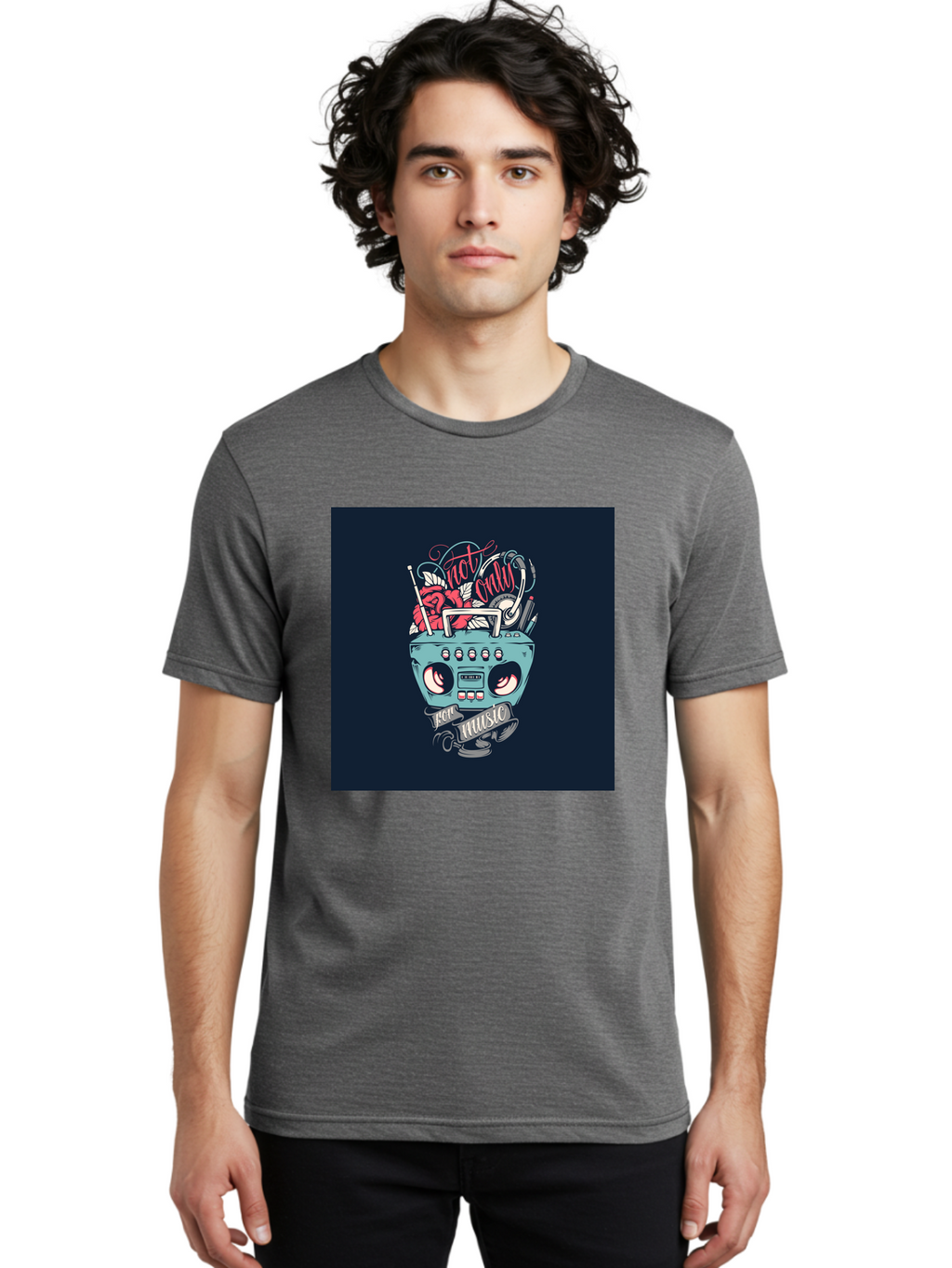 Not-Only-For-Music-Boombox Men'S Graphic Tee, 100% Cotton, Comfortable Casual Summer Wear, Machine Washable, Boombox Illustration, Cartoon Style, Vintage Electronics, Music Lovers, Retro Design, Cassette Tape, Headphones, Roses, Nostalgia, Aab475