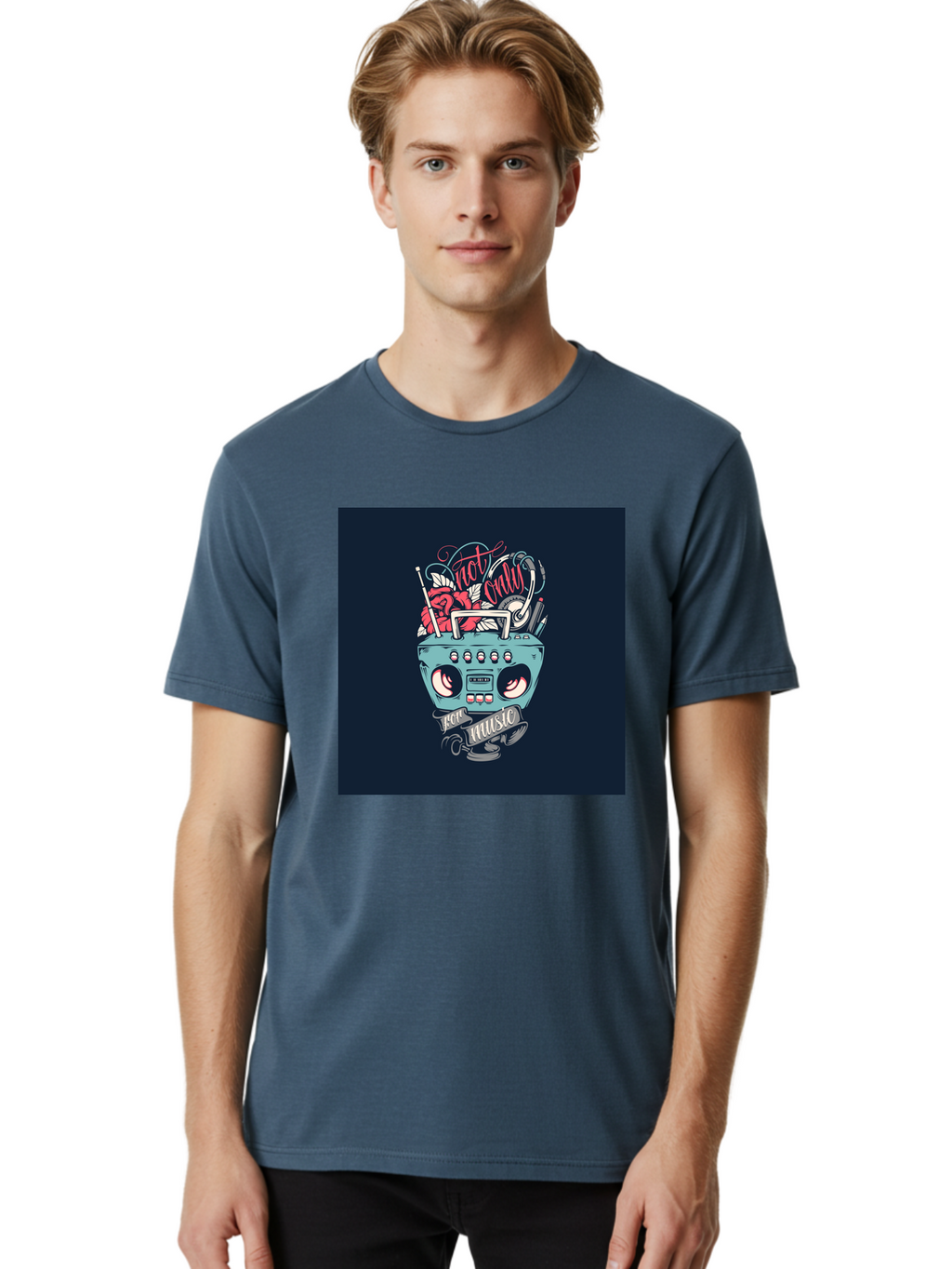 Not-Only-For-Music-Boombox Men'S Graphic Tee, 100% Cotton, Comfortable Casual Summer Wear, Machine Washable, Boombox Illustration, Cartoon Style, Vintage Electronics, Music Lovers, Retro Design, Cassette Tape, Headphones, Roses, Nostalgia, Aab475