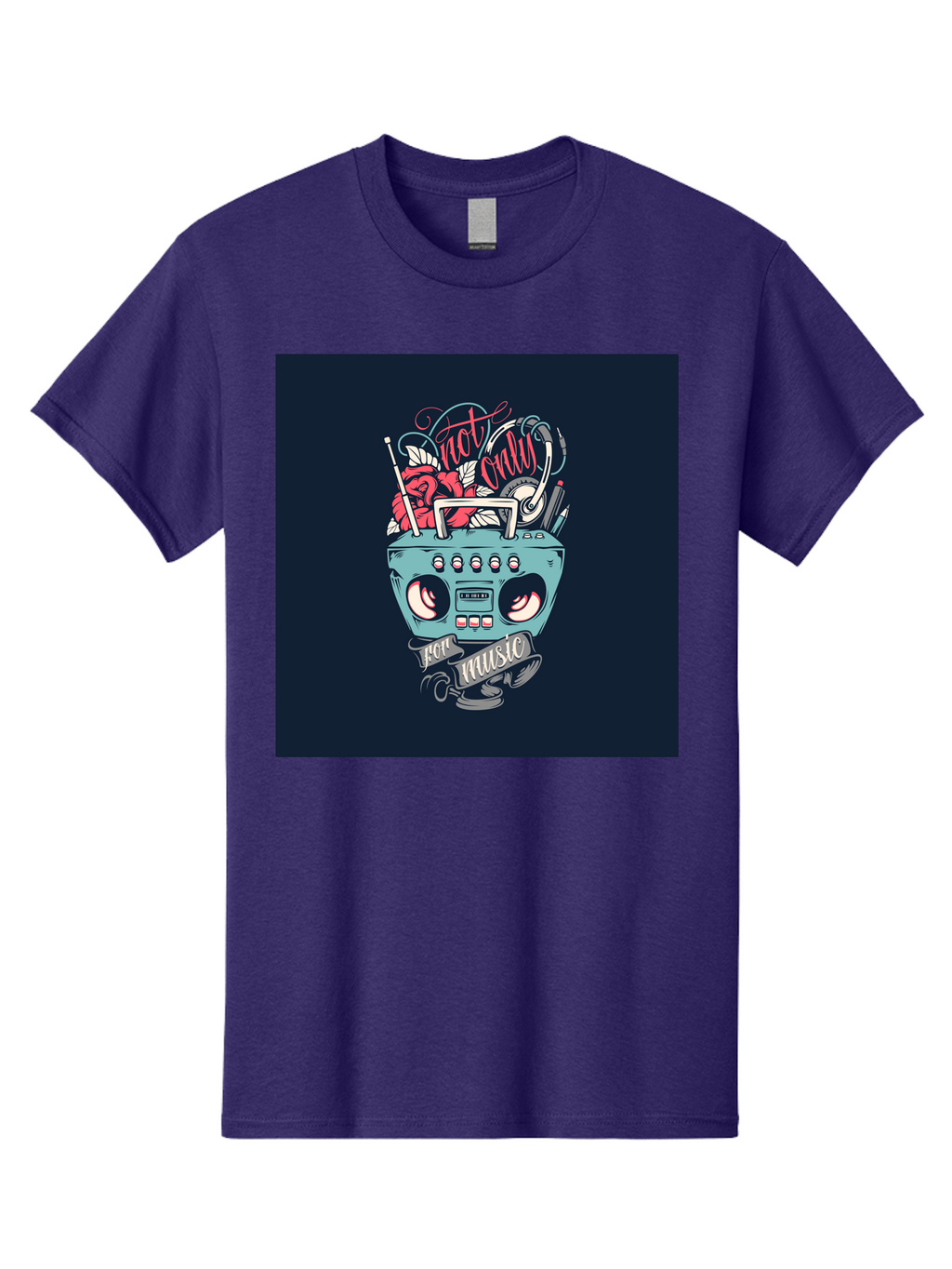 Not-Only-For-Music-Boombox Men'S Graphic Tee, 100% Cotton, Comfortable Casual Summer Wear, Machine Washable, Boombox Illustration, Cartoon Style, Vintage Electronics, Music Lovers, Retro Design, Cassette Tape, Headphones, Roses, Nostalgia, Aab475