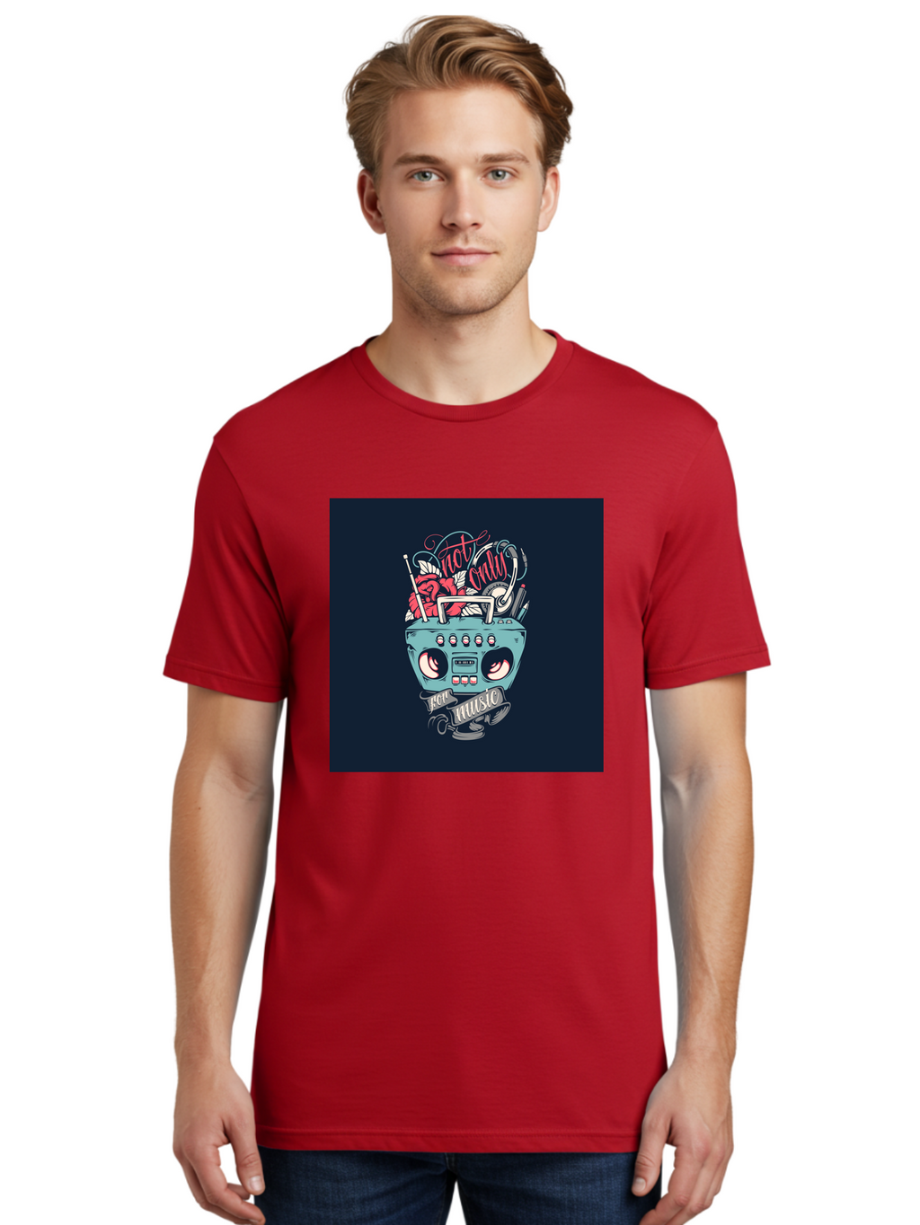 Not-Only-For-Music-Boombox Men'S Graphic Tee, 100% Cotton, Comfortable Casual Summer Wear, Machine Washable, Boombox Illustration, Cartoon Style, Vintage Electronics, Music Lovers, Retro Design, Cassette Tape, Headphones, Roses, Nostalgia, Aab475