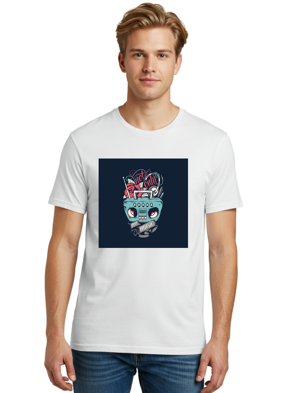 Not-Only-For-Music-Boombox Men'S Graphic Tee, 100% Cotton, Comfortable Casual Summer Wear, Machine Washable, Boombox Illustration, Cartoon Style, Vintage Electronics, Music Lovers, Retro Design, Cassette Tape, Headphones, Roses, Nostalgia, Aab475