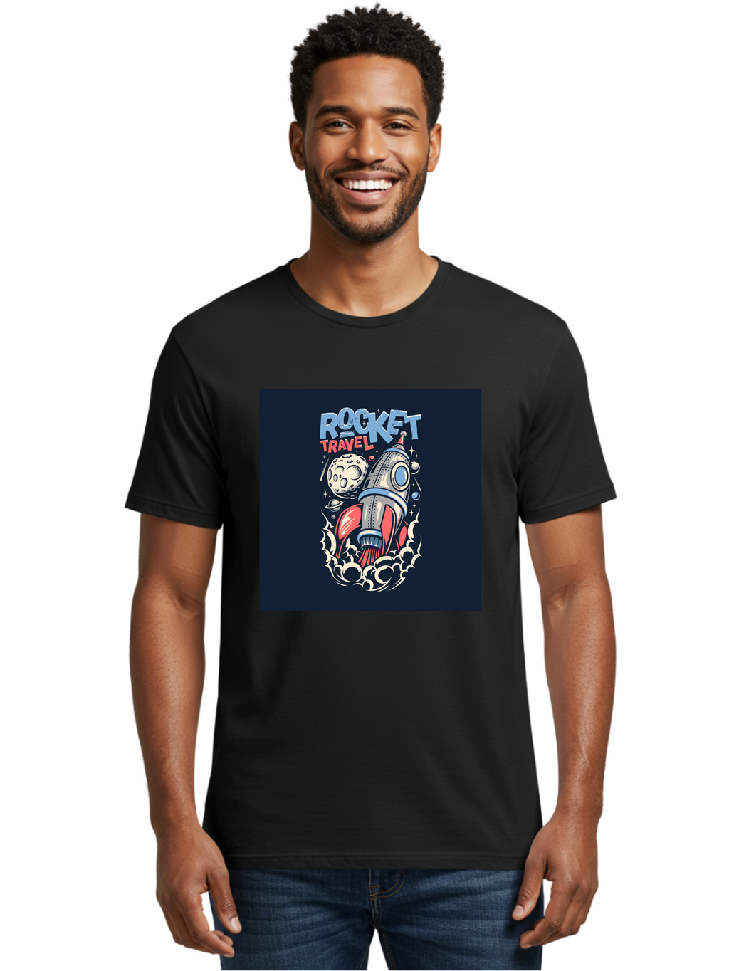 Rocket-Travel Men'S Graphic Tee, 100% Cotton, Comfortable Casual Summer Wear, Machine Washable, Rocket Ship, Space Travel, Adventure, Exploration, Cartoon Style, Vibrant Colors, Celestial Bodies, Moon, Stars, Futuristic Aab476