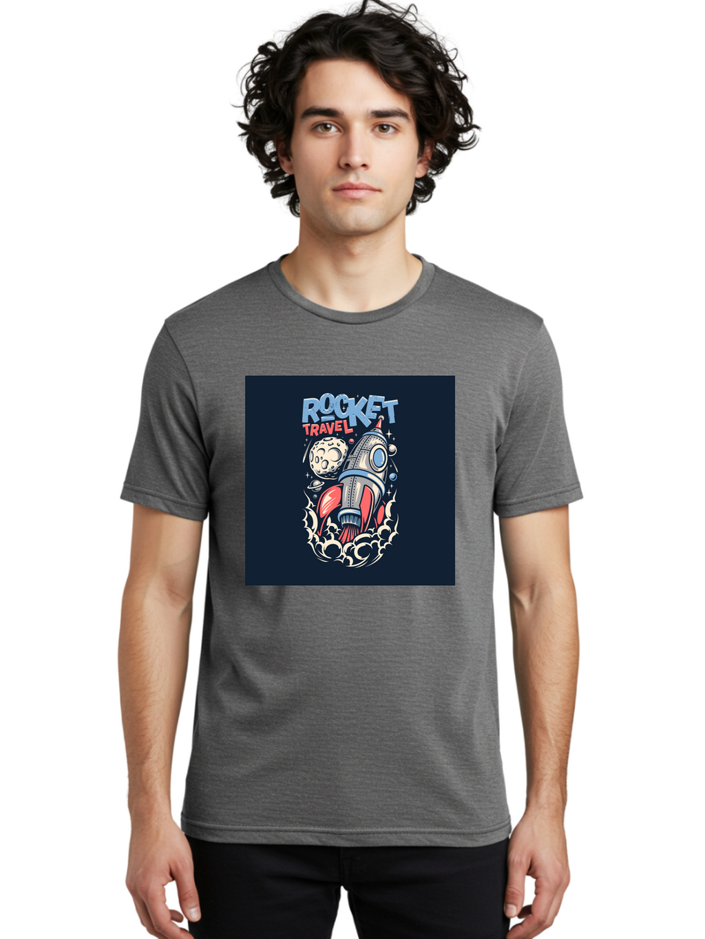 Rocket-Travel Men'S Graphic Tee, 100% Cotton, Comfortable Casual Summer Wear, Machine Washable, Rocket Ship, Space Travel, Adventure, Exploration, Cartoon Style, Vibrant Colors, Celestial Bodies, Moon, Stars, Futuristic Aab476