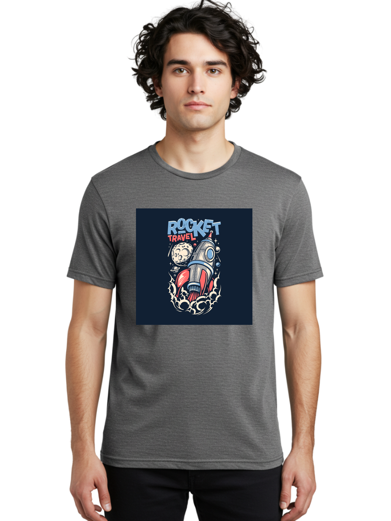 Rocket-Travel Men'S Graphic Tee, 100% Cotton, Comfortable Casual Summer Wear, Machine Washable, Rocket Ship, Space Travel, Adventure, Exploration, Cartoon Style, Vibrant Colors, Celestial Bodies, Moon, Stars, Futuristic Aab476