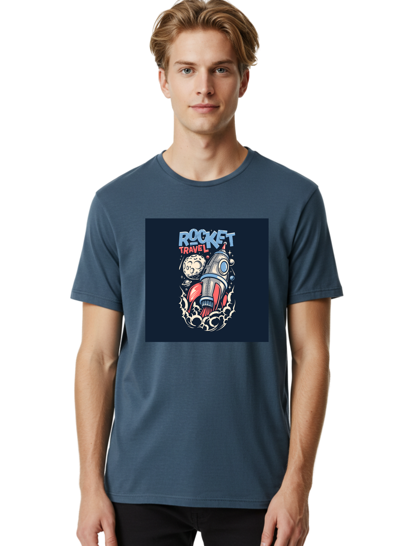 Rocket-Travel Men'S Graphic Tee, 100% Cotton, Comfortable Casual Summer Wear, Machine Washable, Rocket Ship, Space Travel, Adventure, Exploration, Cartoon Style, Vibrant Colors, Celestial Bodies, Moon, Stars, Futuristic Aab476