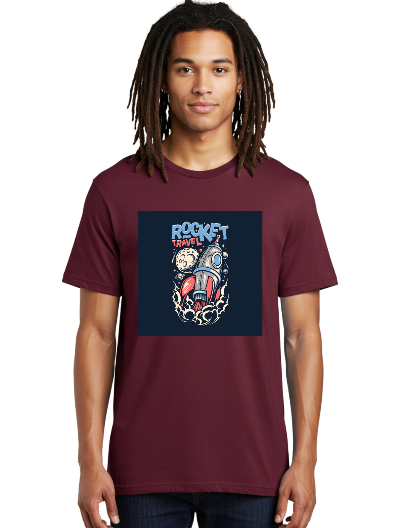 Rocket-Travel Men'S Graphic Tee, 100% Cotton, Comfortable Casual Summer Wear, Machine Washable, Rocket Ship, Space Travel, Adventure, Exploration, Cartoon Style, Vibrant Colors, Celestial Bodies, Moon, Stars, Futuristic Aab476