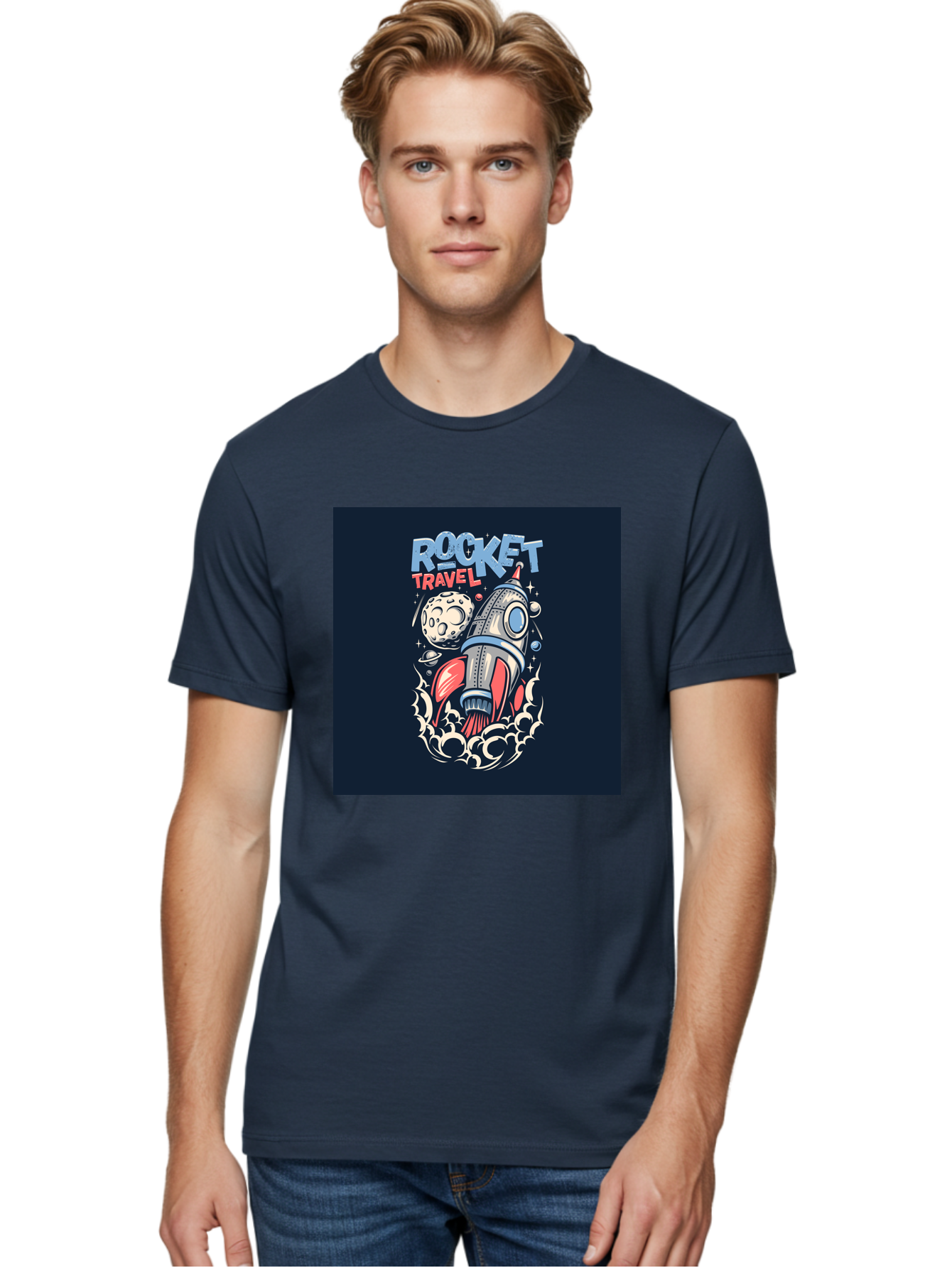 Rocket-Travel Men'S Graphic Tee, 100% Cotton, Comfortable Casual Summer Wear, Machine Washable, Rocket Ship, Space Travel, Adventure, Exploration, Cartoon Style, Vibrant Colors, Celestial Bodies, Moon, Stars, Futuristic Aab476