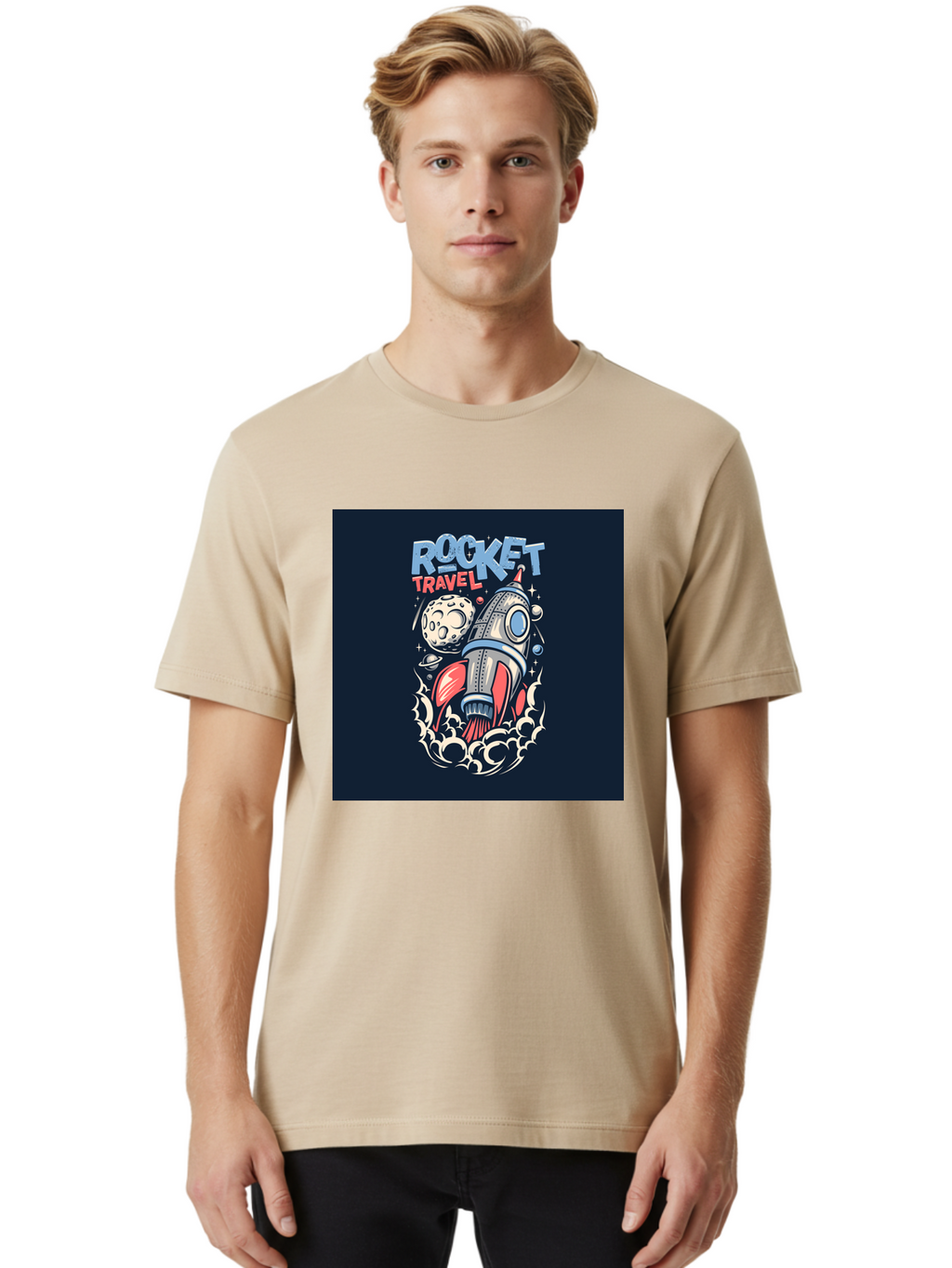 Rocket-Travel Men'S Graphic Tee, 100% Cotton, Comfortable Casual Summer Wear, Machine Washable, Rocket Ship, Space Travel, Adventure, Exploration, Cartoon Style, Vibrant Colors, Celestial Bodies, Moon, Stars, Futuristic Aab476