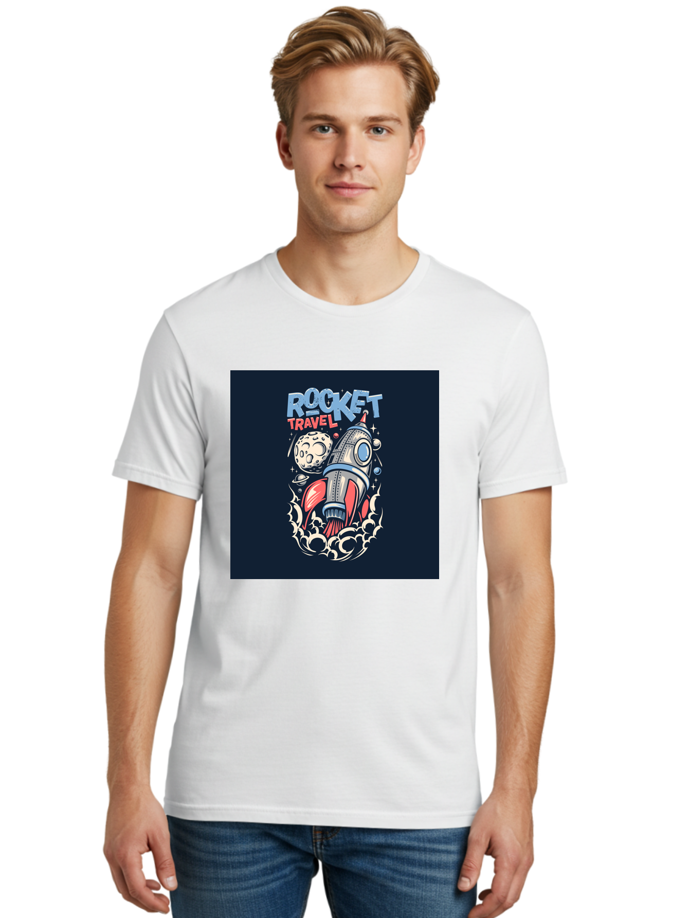 Rocket-Travel Men'S Graphic Tee, 100% Cotton, Comfortable Casual Summer Wear, Machine Washable, Rocket Ship, Space Travel, Adventure, Exploration, Cartoon Style, Vibrant Colors, Celestial Bodies, Moon, Stars, Futuristic Aab476