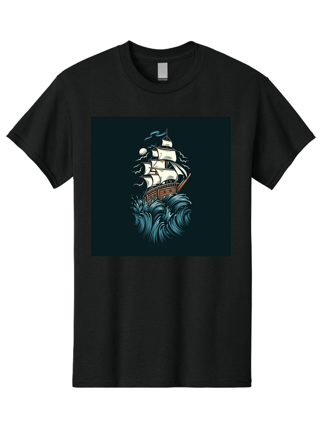 Sailing-Ship Men'S Graphic Tee, 100% Cotton, Comfortable Casual Summer Wear, Machine Washable, Sailing Ship, Stormy Sea, Rough Waves, Turbulent Weather, White Sails, Wooden Hull, Sailing Vessels, Coastal Scenery, Maritime Art, Navy Blue, Aab478