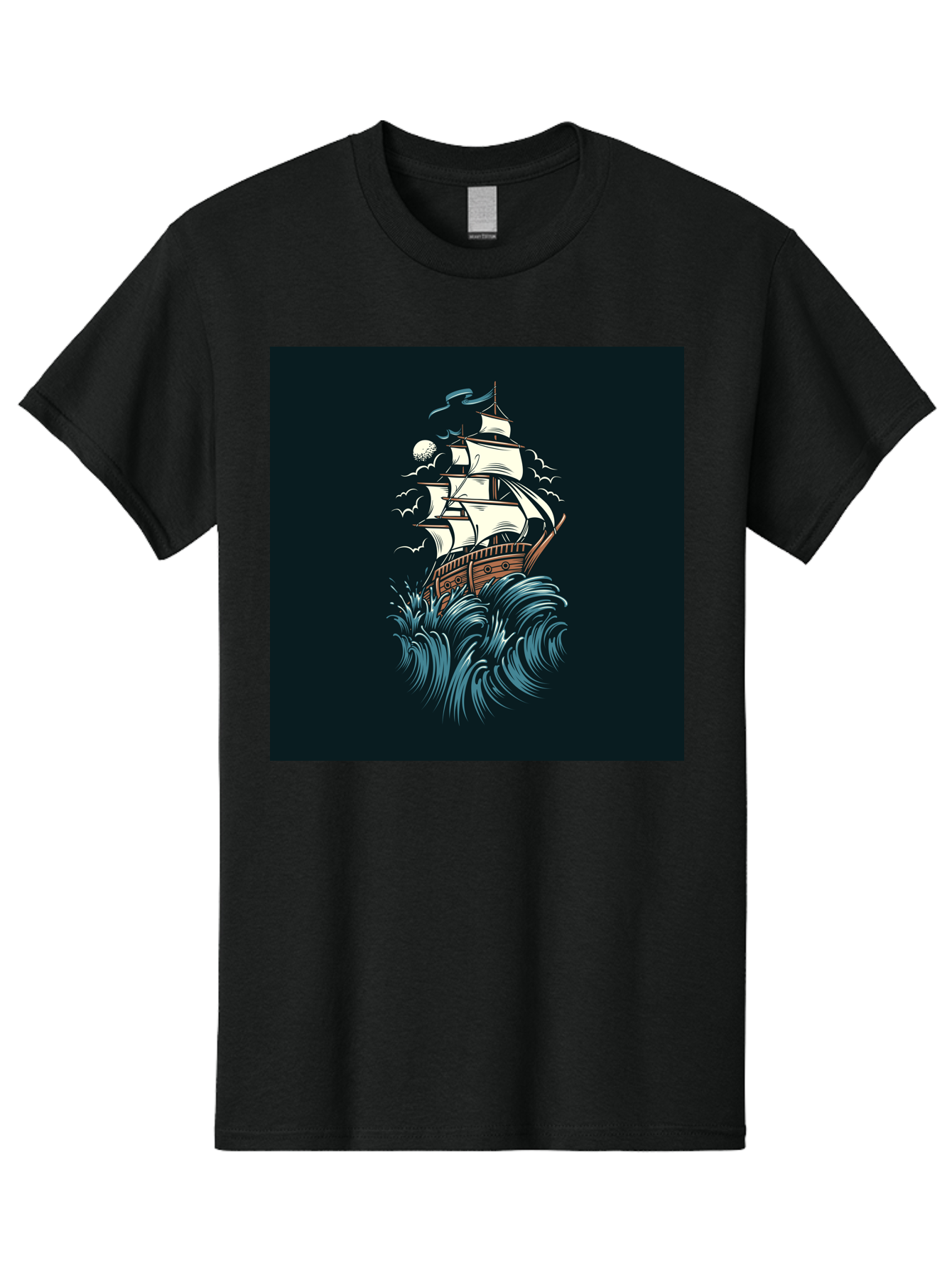 Sailing-Ship Men'S Graphic Tee, 100% Cotton, Comfortable Casual Summer Wear, Machine Washable, Sailing Ship, Stormy Sea, Rough Waves, Turbulent Weather, White Sails, Wooden Hull, Sailing Vessels, Coastal Scenery, Maritime Art, Navy Blue, Aab478