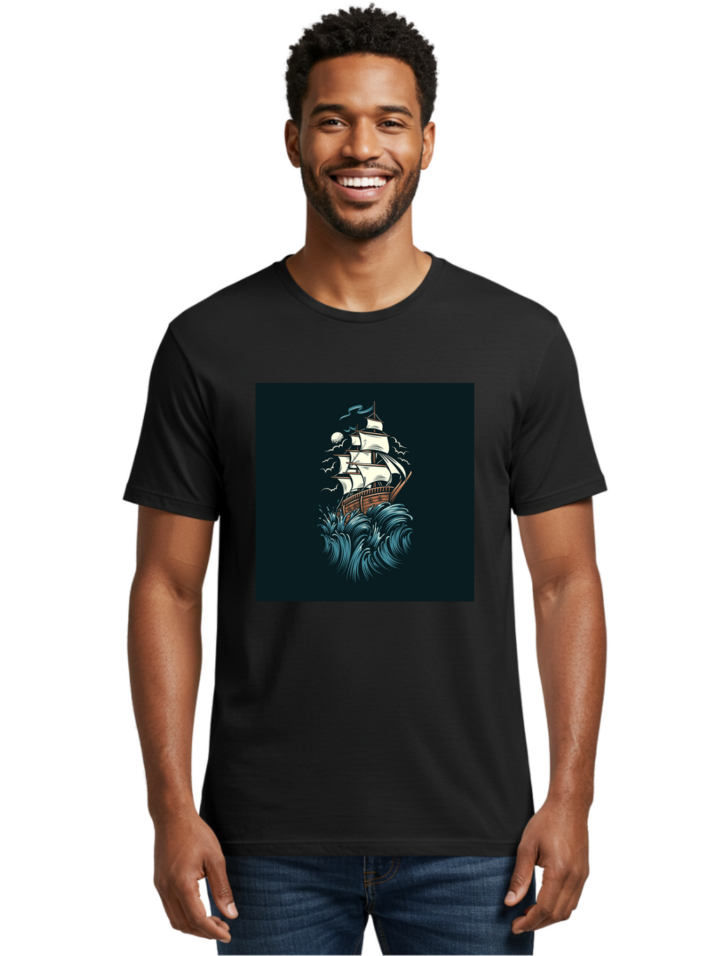 Sailing-Ship Men'S Graphic Tee, 100% Cotton, Comfortable Casual Summer Wear, Machine Washable, Sailing Ship, Stormy Sea, Rough Waves, Turbulent Weather, White Sails, Wooden Hull, Sailing Vessels, Coastal Scenery, Maritime Art, Navy Blue, Aab478