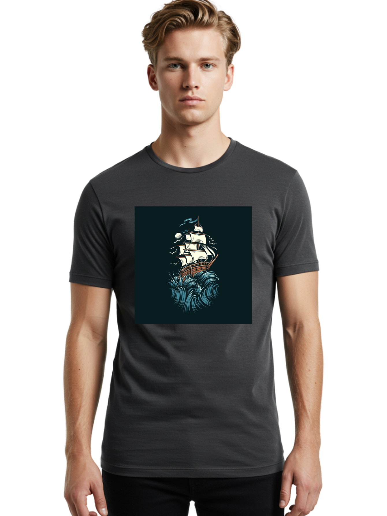 Sailing-Ship Men'S Graphic Tee, 100% Cotton, Comfortable Casual Summer Wear, Machine Washable, Sailing Ship, Stormy Sea, Rough Waves, Turbulent Weather, White Sails, Wooden Hull, Sailing Vessels, Coastal Scenery, Maritime Art, Navy Blue, Aab478