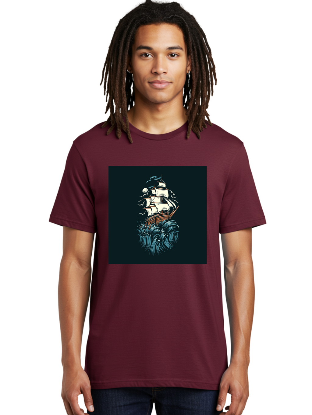 Sailing-Ship Men'S Graphic Tee, 100% Cotton, Comfortable Casual Summer Wear, Machine Washable, Sailing Ship, Stormy Sea, Rough Waves, Turbulent Weather, White Sails, Wooden Hull, Sailing Vessels, Coastal Scenery, Maritime Art, Navy Blue, Aab478