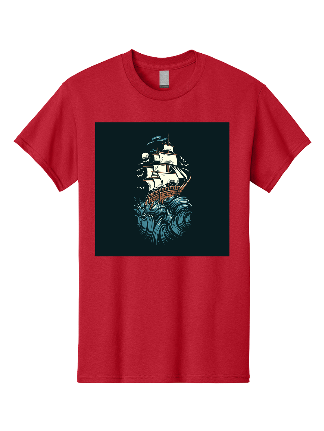 Sailing-Ship Men'S Graphic Tee, 100% Cotton, Comfortable Casual Summer Wear, Machine Washable, Sailing Ship, Stormy Sea, Rough Waves, Turbulent Weather, White Sails, Wooden Hull, Sailing Vessels, Coastal Scenery, Maritime Art, Navy Blue, Aab478