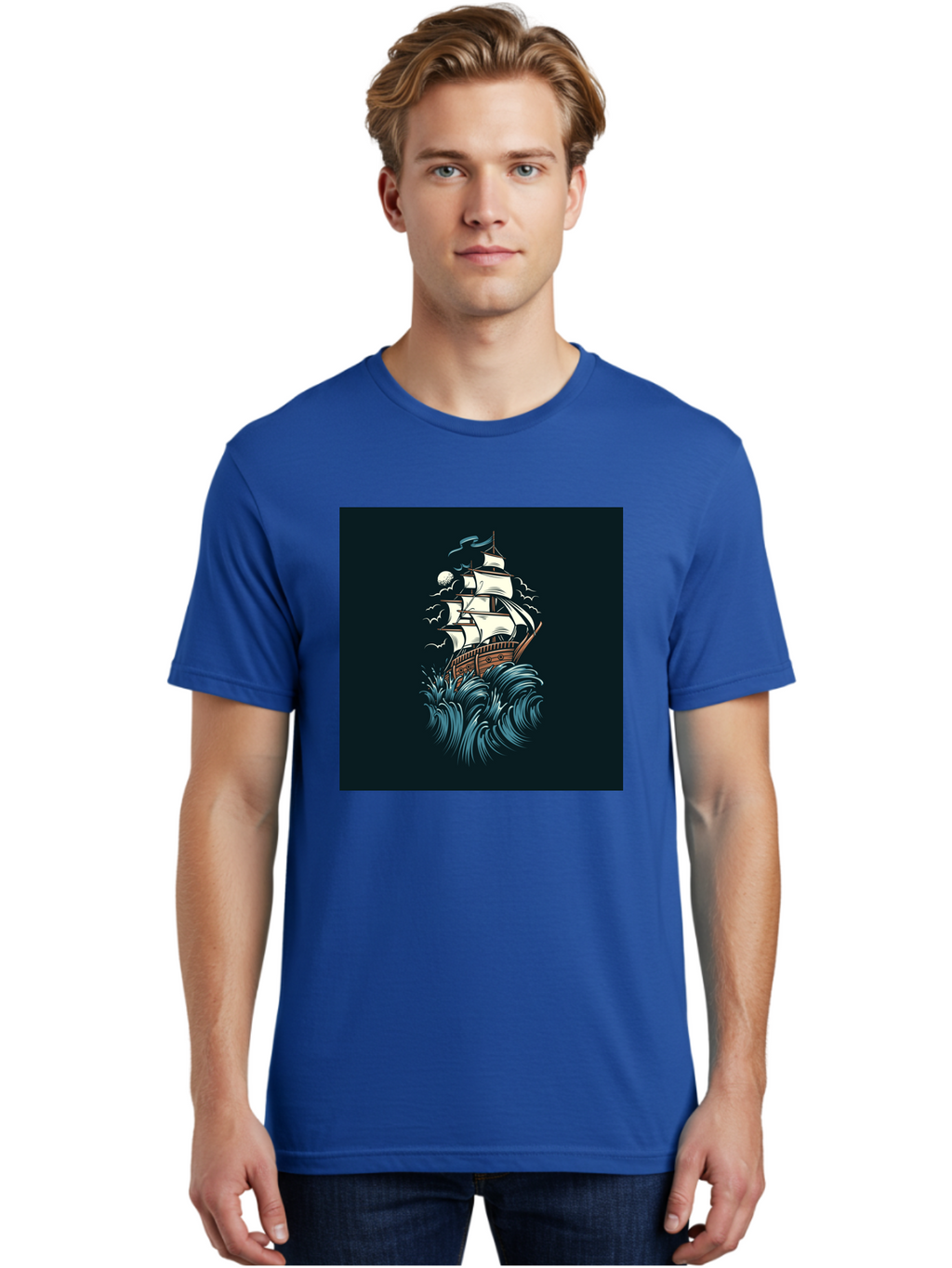 Sailing-Ship Men'S Graphic Tee, 100% Cotton, Comfortable Casual Summer Wear, Machine Washable, Sailing Ship, Stormy Sea, Rough Waves, Turbulent Weather, White Sails, Wooden Hull, Sailing Vessels, Coastal Scenery, Maritime Art, Navy Blue, Aab478