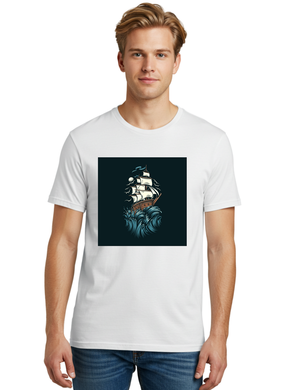 Sailing-Ship Men'S Graphic Tee, 100% Cotton, Comfortable Casual Summer Wear, Machine Washable, Sailing Ship, Stormy Sea, Rough Waves, Turbulent Weather, White Sails, Wooden Hull, Sailing Vessels, Coastal Scenery, Maritime Art, Navy Blue, Aab478