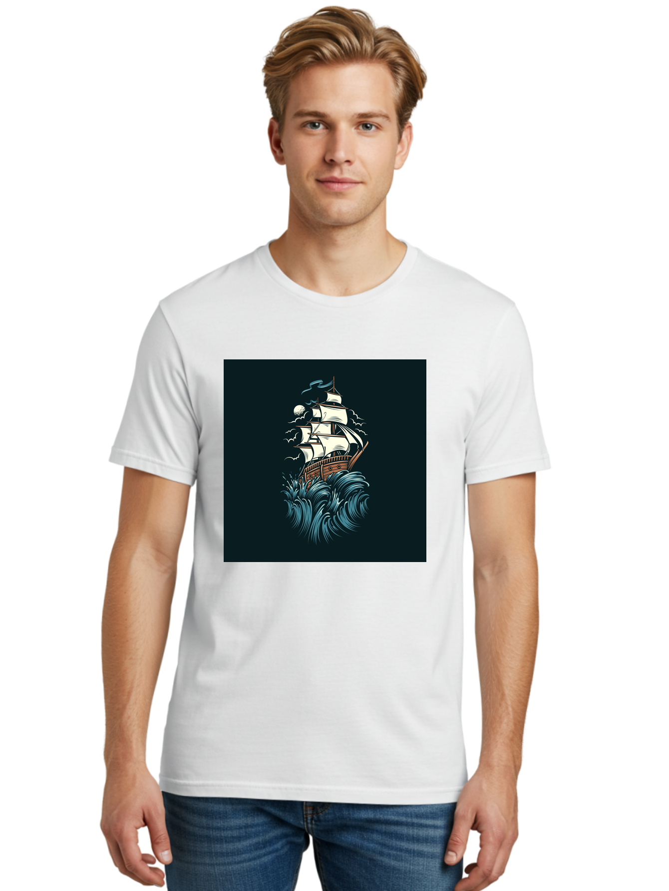 Sailing-Ship Men'S Graphic Tee, 100% Cotton, Comfortable Casual Summer Wear, Machine Washable, Sailing Ship, Stormy Sea, Rough Waves, Turbulent Weather, White Sails, Wooden Hull, Sailing Vessels, Coastal Scenery, Maritime Art, Navy Blue, Aab478
