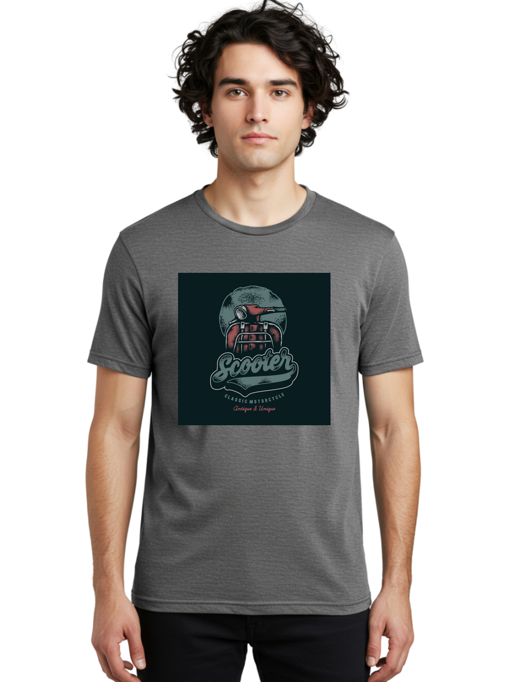 Scooter-Classic-Motorcycle Men'S Graphic Tee, 100% Cotton, Comfortable Casual Summer Wear, Machine Washable, Vintage Motorcycle Helmet, Classic Scooter Design, Antique Bike, Unique Motorcycle Art, Retro Scooter Style, Nostalgic Ride, Aab479