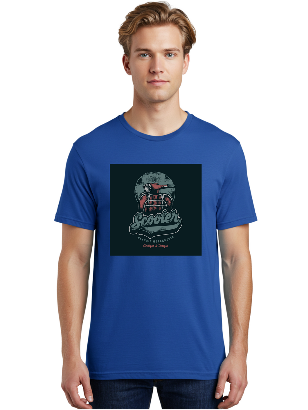 Scooter-Classic-Motorcycle Men'S Graphic Tee, 100% Cotton, Comfortable Casual Summer Wear, Machine Washable, Vintage Motorcycle Helmet, Classic Scooter Design, Antique Bike, Unique Motorcycle Art, Retro Scooter Style, Nostalgic Ride, Aab479