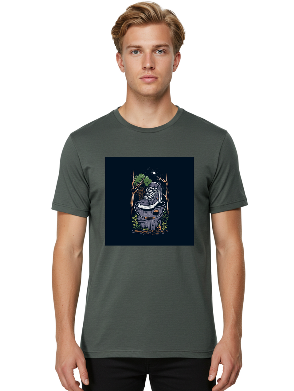 Shoe-Can Men'S Graphic Tee, 100% Cotton, Comfortable Casual Summer Wear, Machine Washable, Sneaker In Bucket, Streetwear Culture, Urban Jungle, Footwear, Bucket, Moonlight, Nighttime, Forest Scene, Vintage Art Aab480
