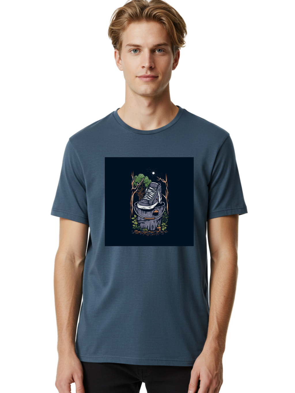 Shoe-Can Men'S Graphic Tee, 100% Cotton, Comfortable Casual Summer Wear, Machine Washable, Sneaker In Bucket, Streetwear Culture, Urban Jungle, Footwear, Bucket, Moonlight, Nighttime, Forest Scene, Vintage Art Aab480