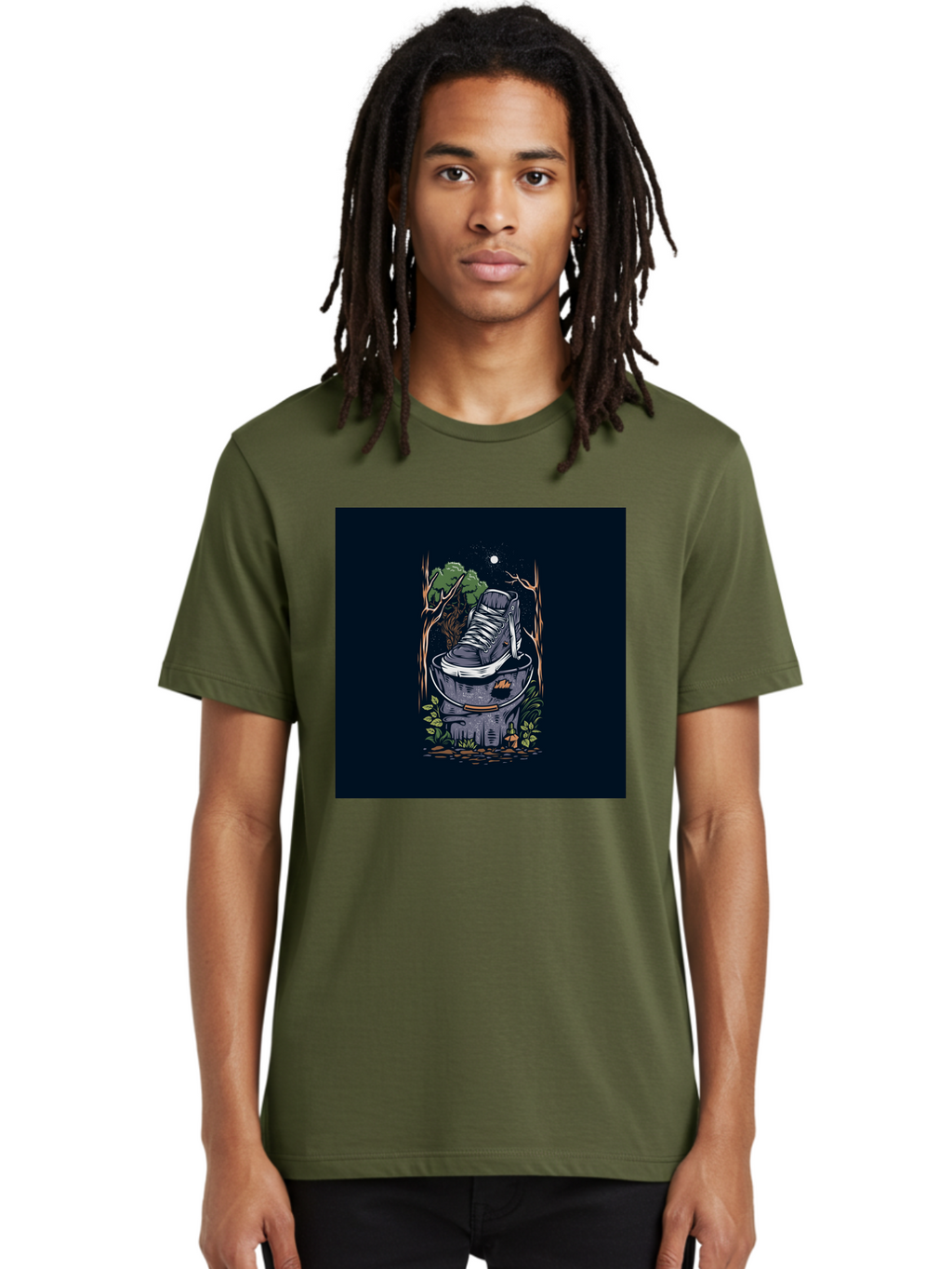 Shoe-Can Men'S Graphic Tee, 100% Cotton, Comfortable Casual Summer Wear, Machine Washable, Sneaker In Bucket, Streetwear Culture, Urban Jungle, Footwear, Bucket, Moonlight, Nighttime, Forest Scene, Vintage Art Aab480