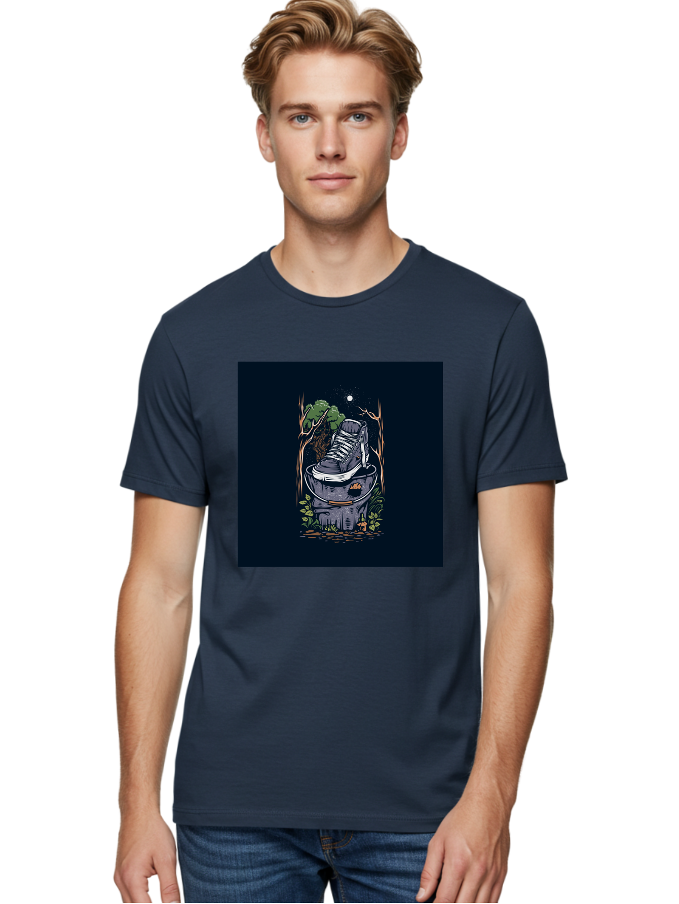 Shoe-Can Men'S Graphic Tee, 100% Cotton, Comfortable Casual Summer Wear, Machine Washable, Sneaker In Bucket, Streetwear Culture, Urban Jungle, Footwear, Bucket, Moonlight, Nighttime, Forest Scene, Vintage Art Aab480