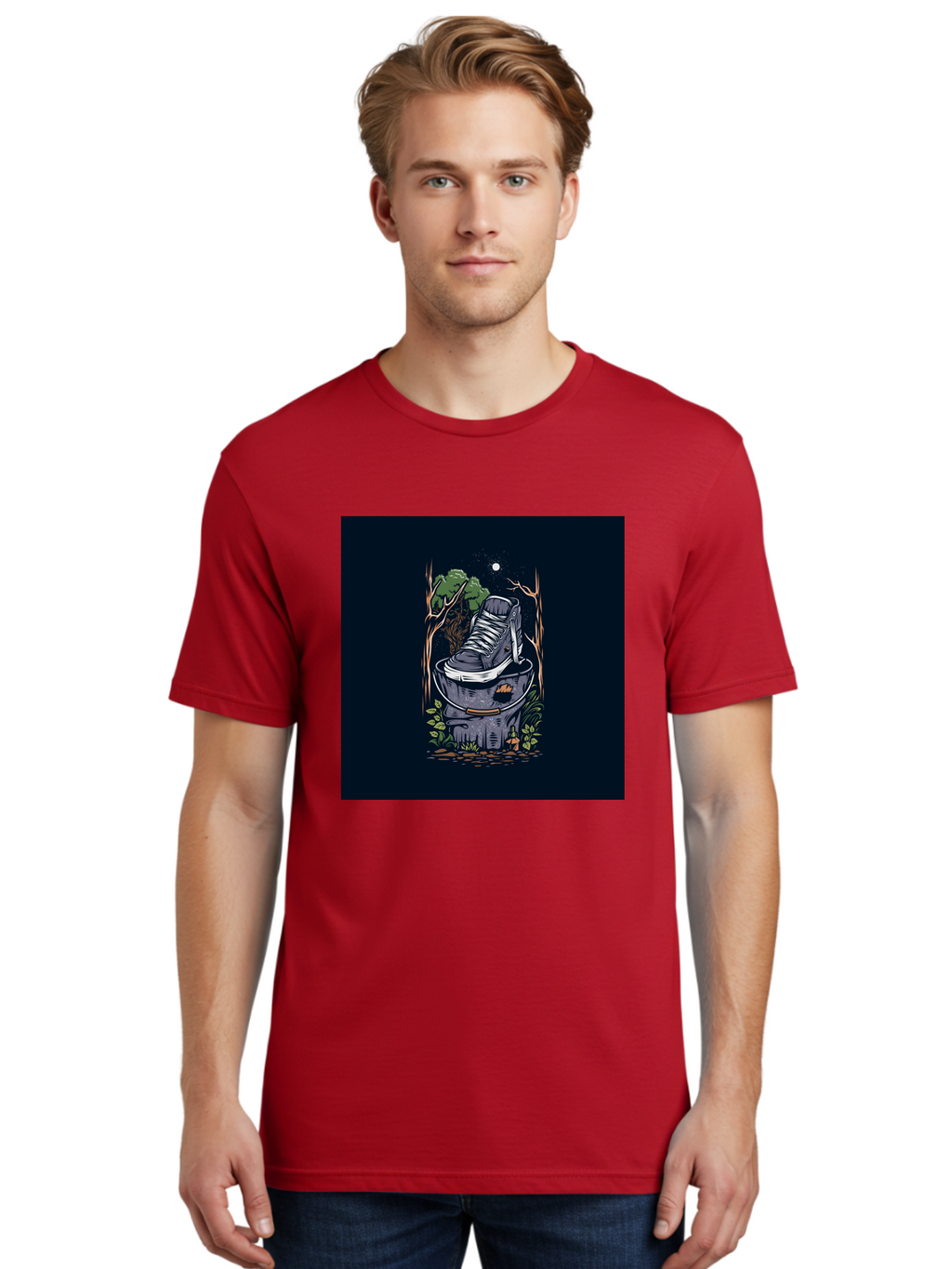 Shoe-Can Men'S Graphic Tee, 100% Cotton, Comfortable Casual Summer Wear, Machine Washable, Sneaker In Bucket, Streetwear Culture, Urban Jungle, Footwear, Bucket, Moonlight, Nighttime, Forest Scene, Vintage Art Aab480
