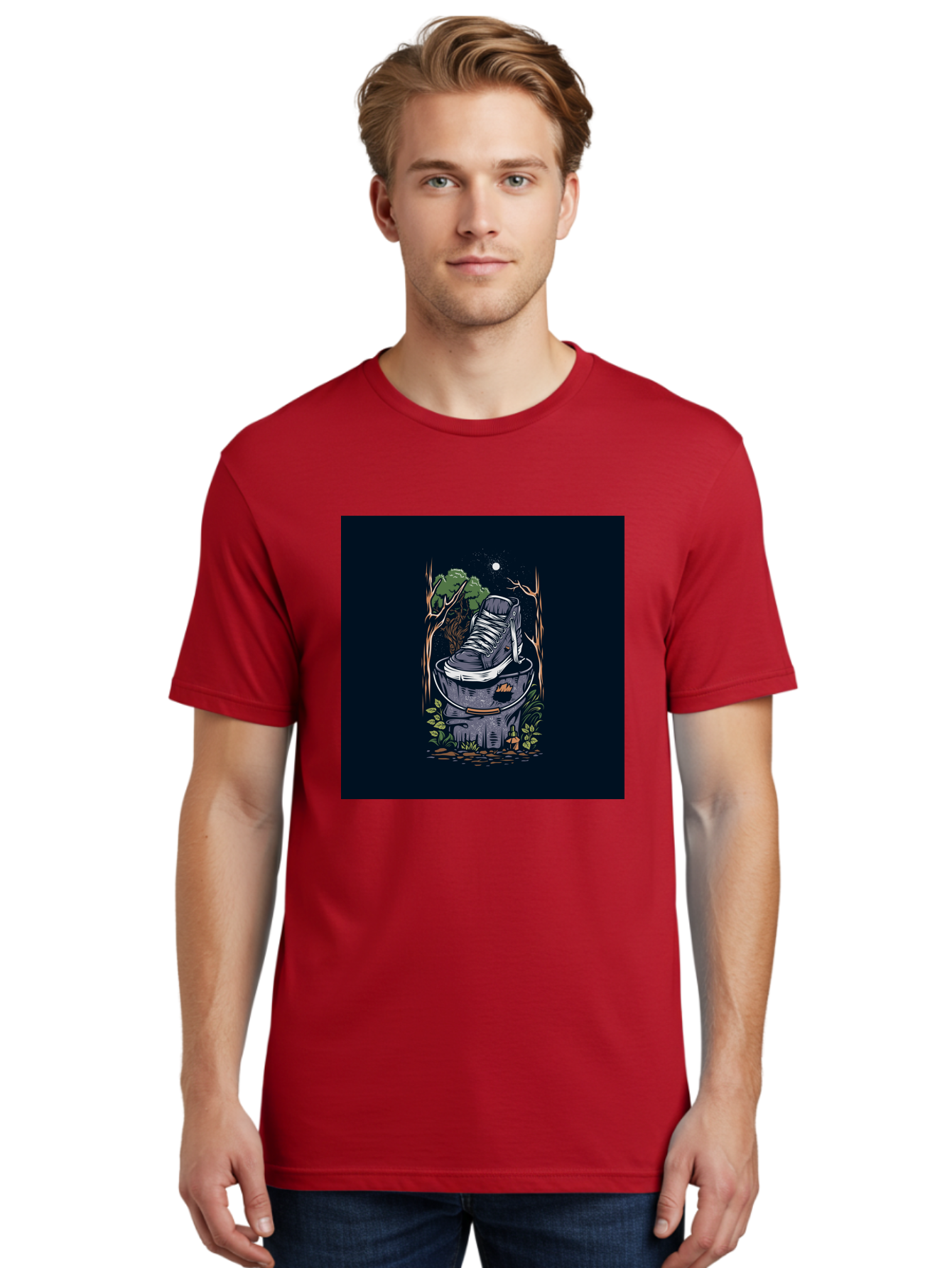 Shoe-Can Men'S Graphic Tee, 100% Cotton, Comfortable Casual Summer Wear, Machine Washable, Sneaker In Bucket, Streetwear Culture, Urban Jungle, Footwear, Bucket, Moonlight, Nighttime, Forest Scene, Vintage Art Aab480