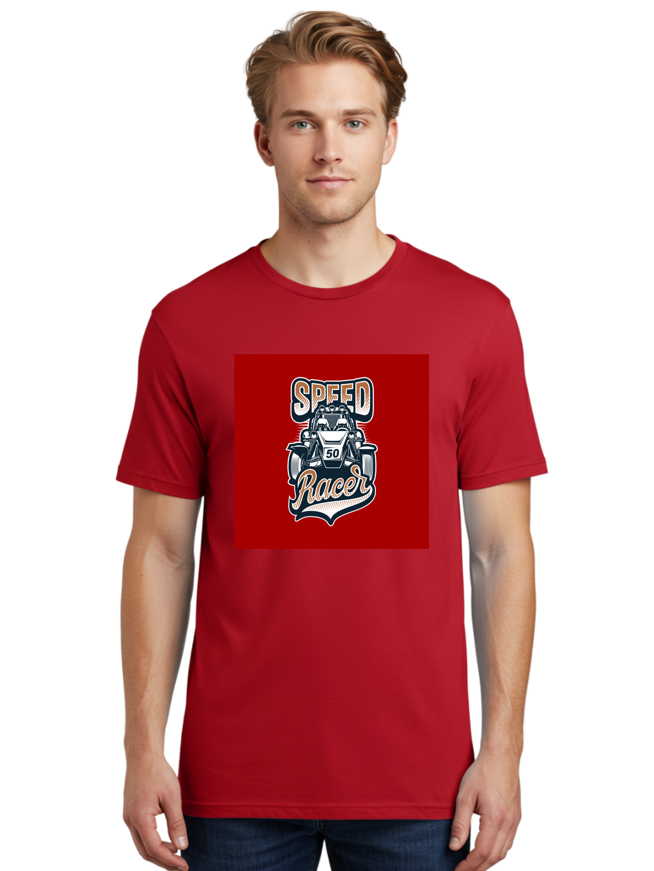 Speed-Racer Men'S Graphic Tee, 100% Cotton, Comfortable Casual Summer Wear, Machine Washable, Vintage Style Racing Car, Dune Buggy Illustration, Speed Racer Graphic, Retro Racing Art, Off-Road Vehicle, Motorsport Logo, Racing Number 50, Aab482