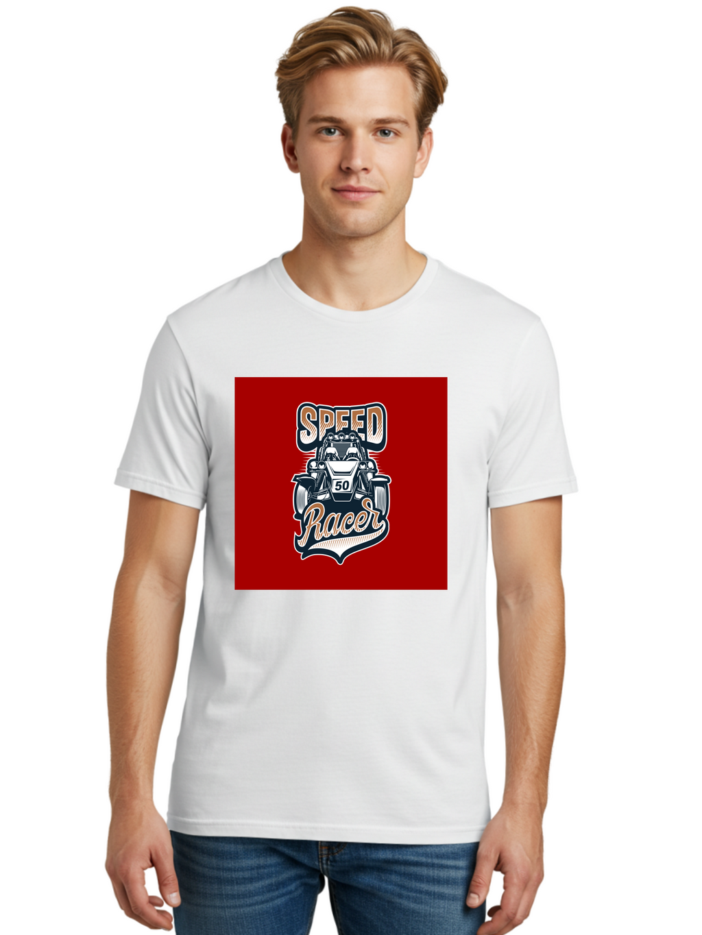 Speed-Racer Men'S Graphic Tee, 100% Cotton, Comfortable Casual Summer Wear, Machine Washable, Vintage Style Racing Car, Dune Buggy Illustration, Speed Racer Graphic, Retro Racing Art, Off-Road Vehicle, Motorsport Logo, Racing Number 50, Aab482